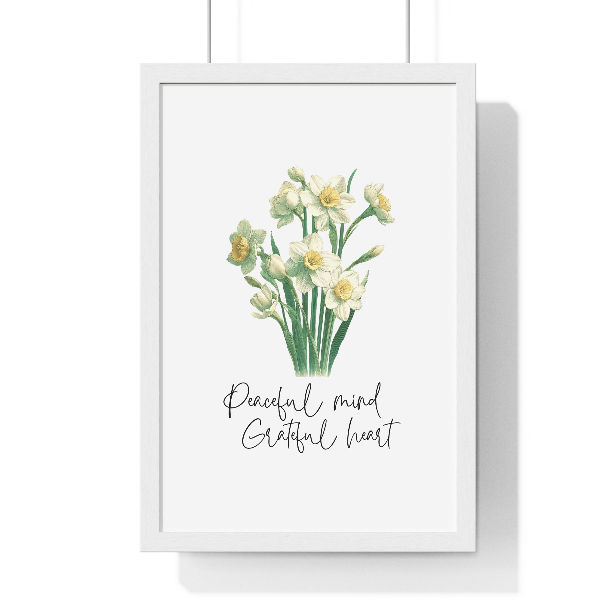 December Birth Month Flower Wall Art – Narcissus Illustration with Inspirational Quote in Wooden Frame | Peaceful Mind & Grateful Heart