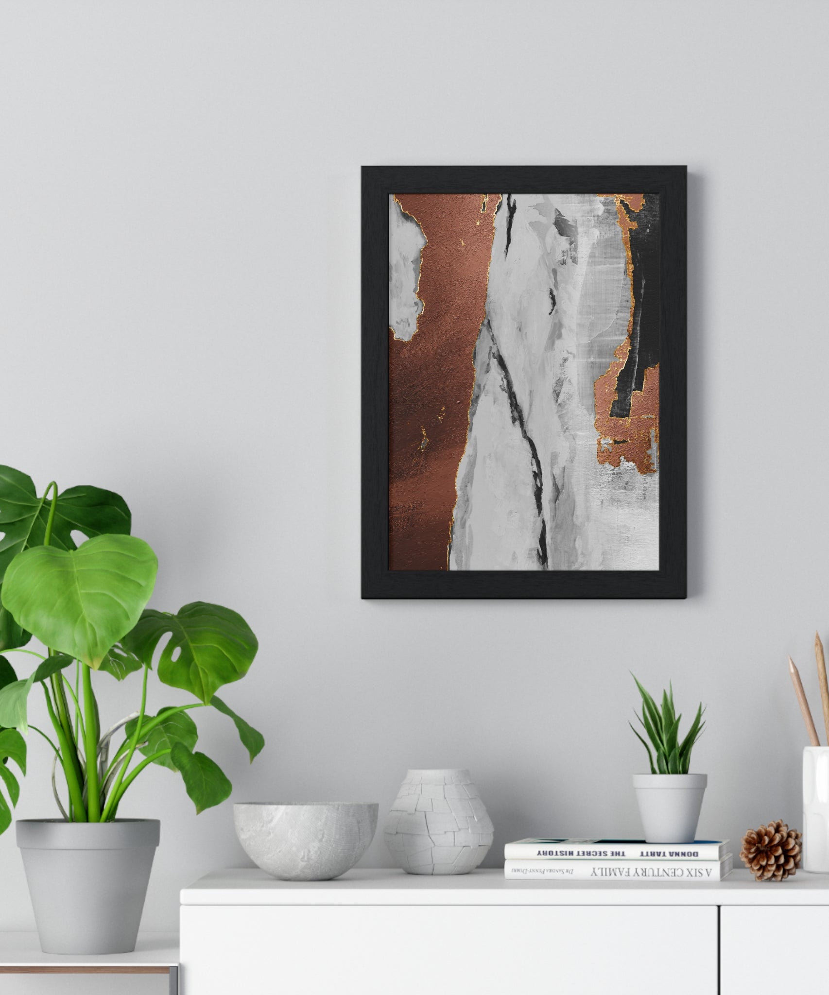 Luxury Abstract Wall Art Poster – Metallic Copper & Marble Texture on Wooden Frame – Modern Home Décor