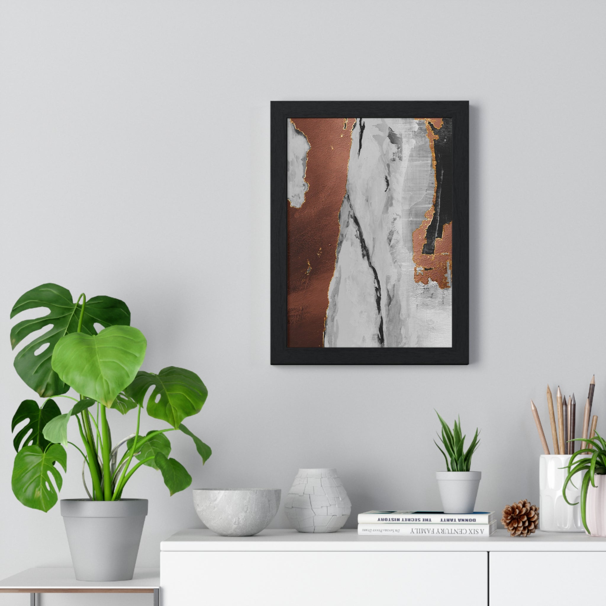 Luxury Abstract Wall Art Poster – Metallic Copper & Marble Texture on Wooden Frame – Modern Home Décor