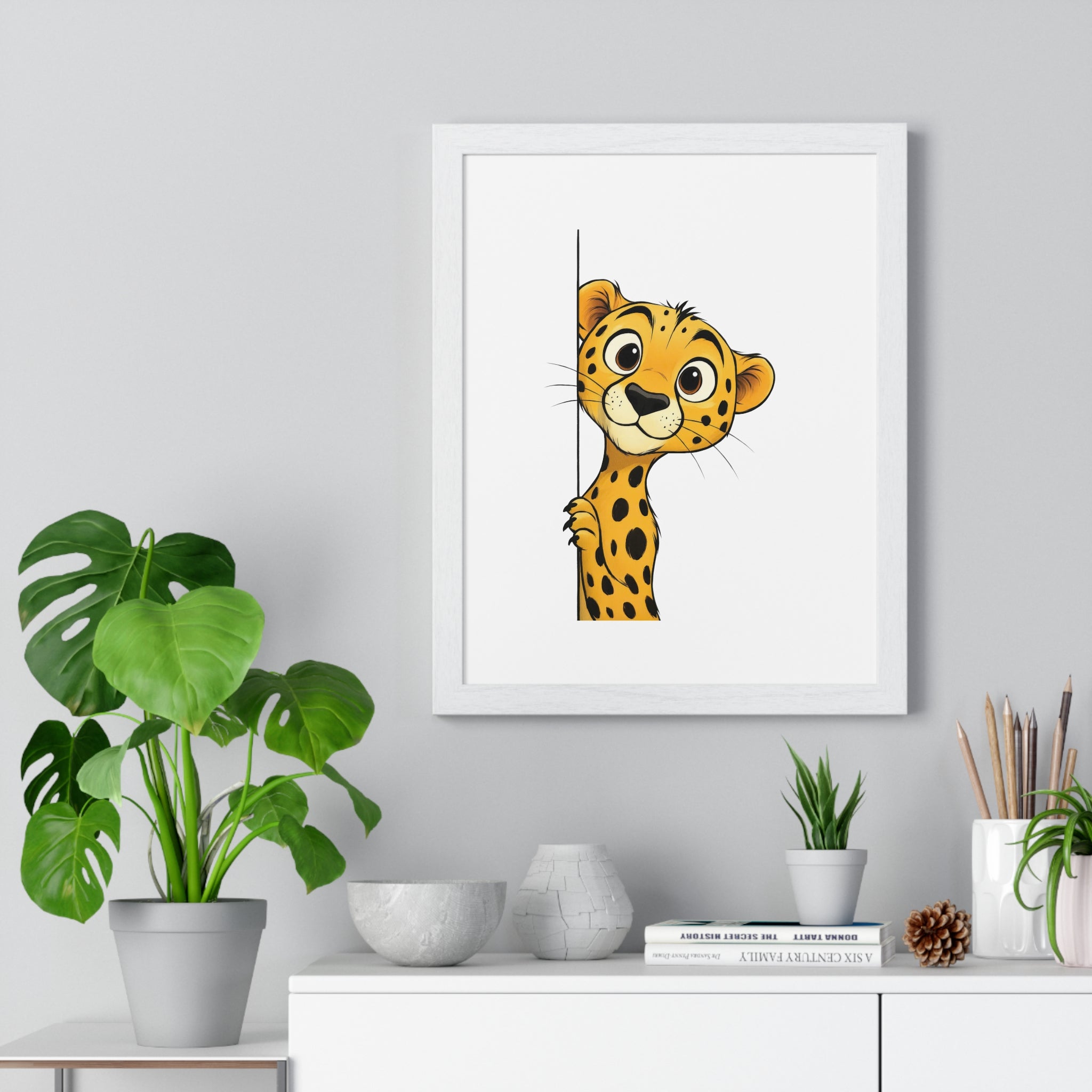 Wooden Frame Wall Decor with Cute Cheetah Cub Print
