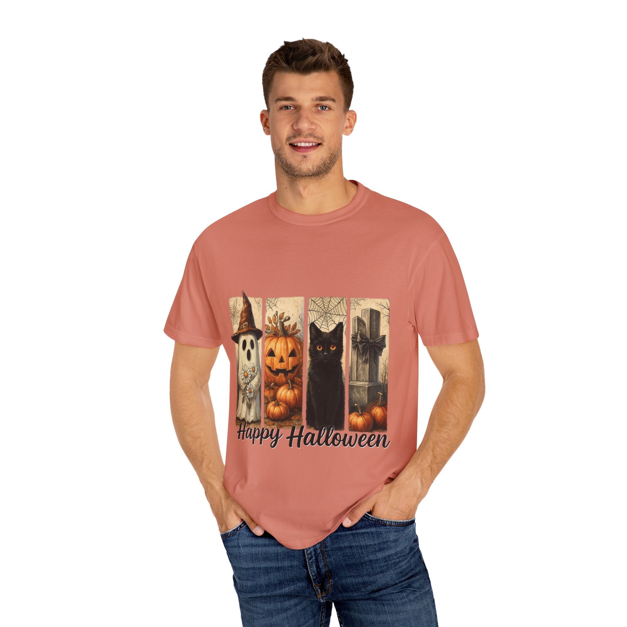 Happy Halloween Unisex T-Shirt – Ghost, Black Cat & Pumpkin Graphic Tee