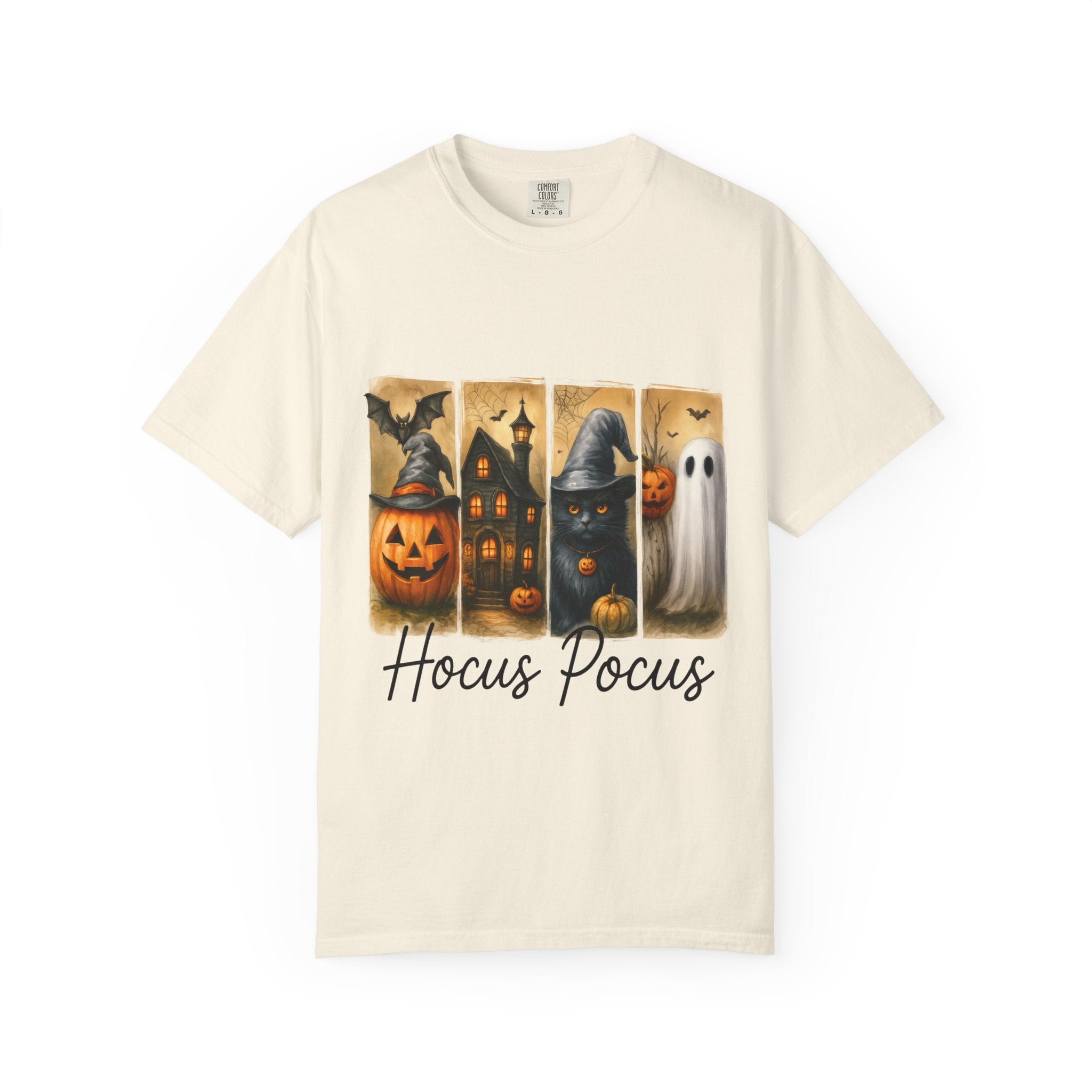 Hocus Pocus Halloween Unisex T-Shirt – Witchy Cat, Haunted House, Pumpkin & Ghost Art
