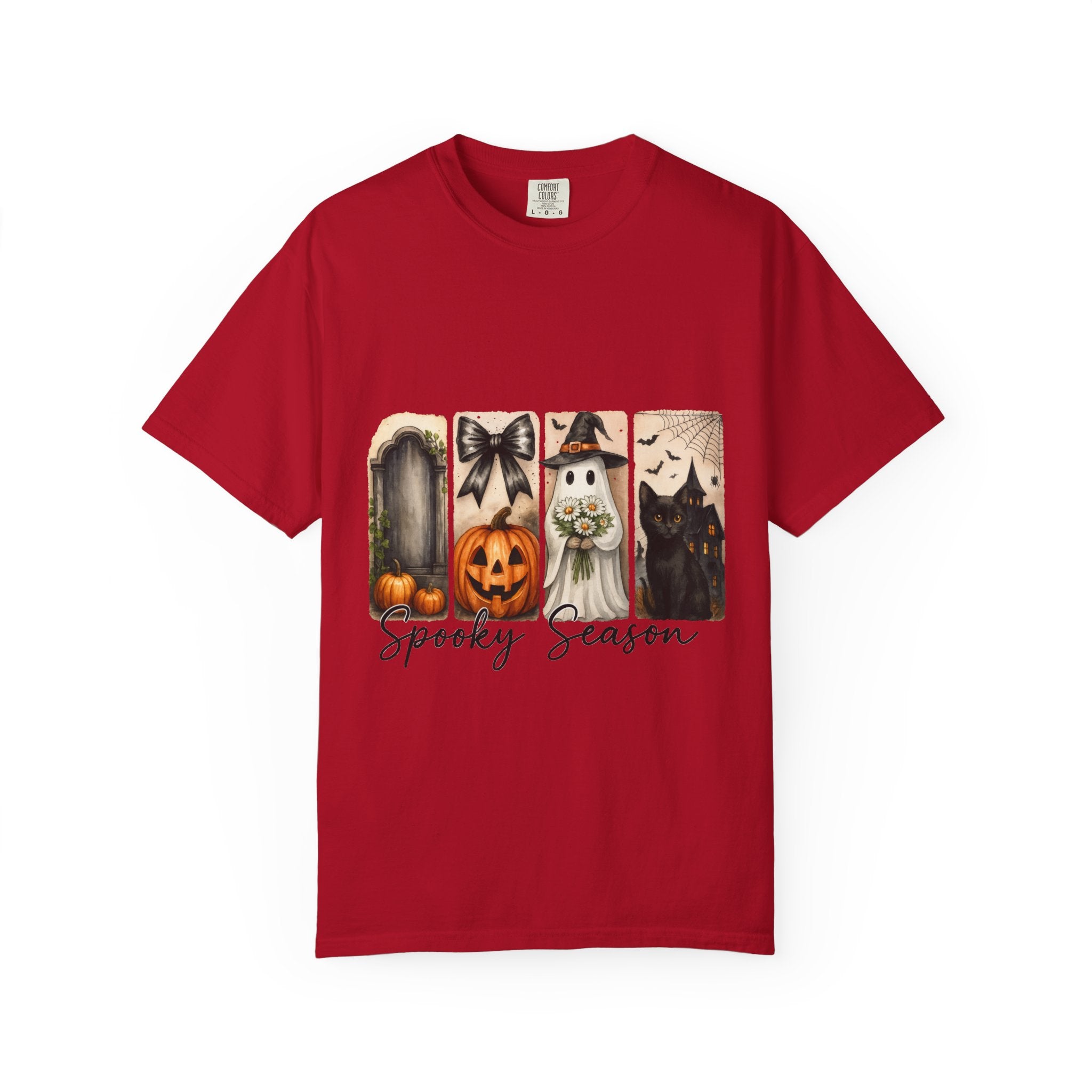 Spooky Season Unisex Halloween T-Shirt – Ghost, Black Cat, Pumpkin & Haunted House Art