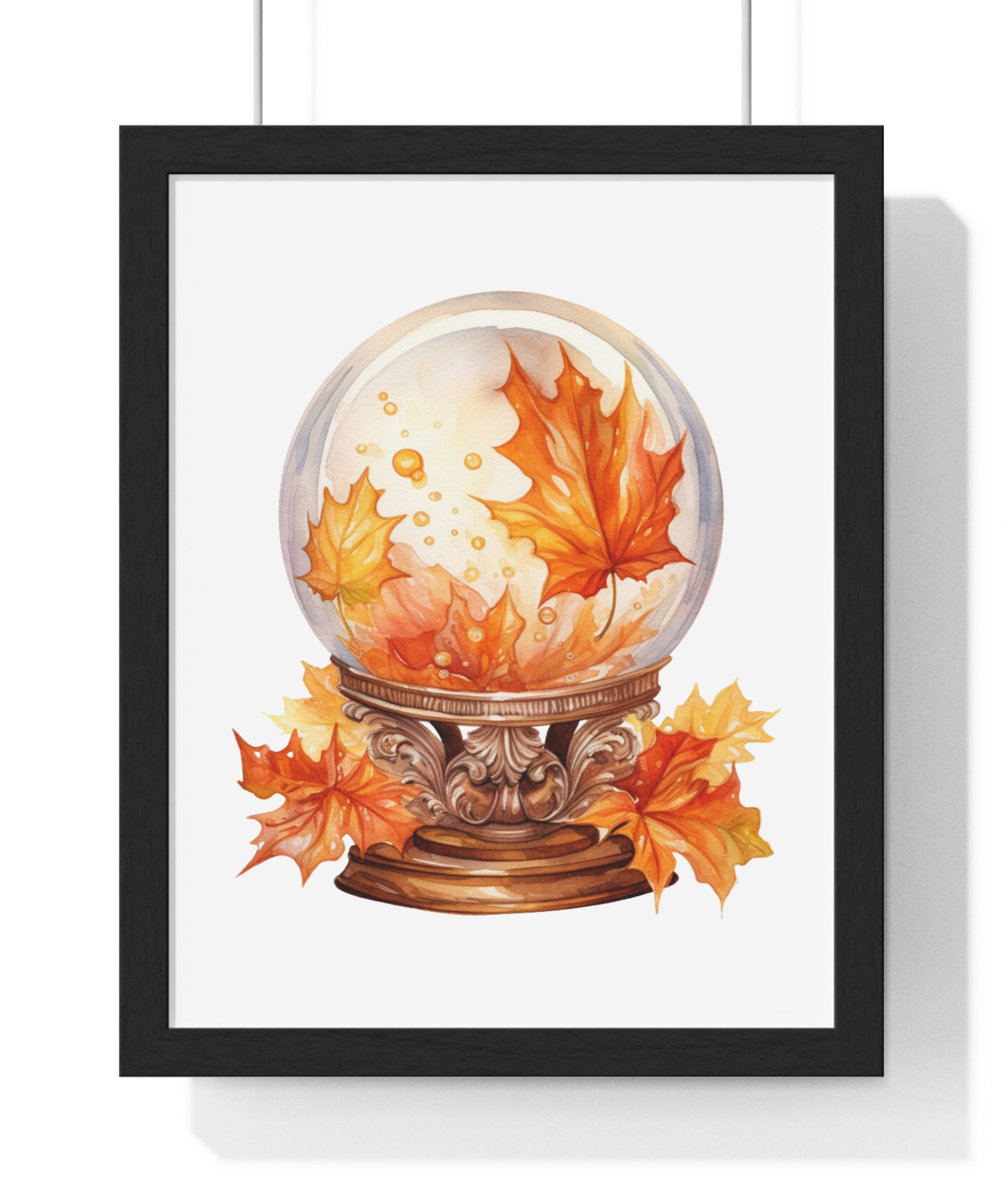 Floating Leaves Snow Globe Wall Art – Ornate Autumn Fantasy Poster | Wooden Frame Seasonal Home Decor
