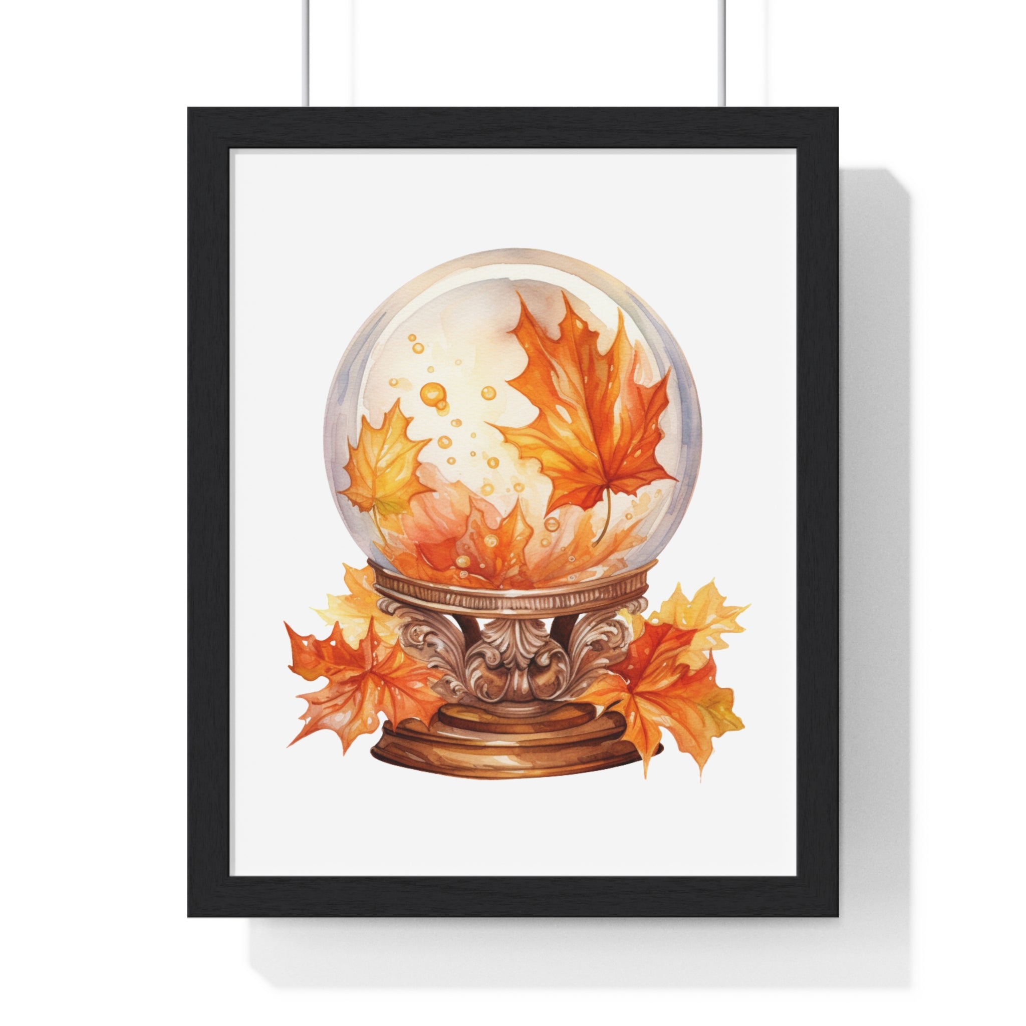 Floating Leaves Snow Globe Wall Art – Ornate Autumn Fantasy Poster | Wooden Frame Seasonal Home Decor