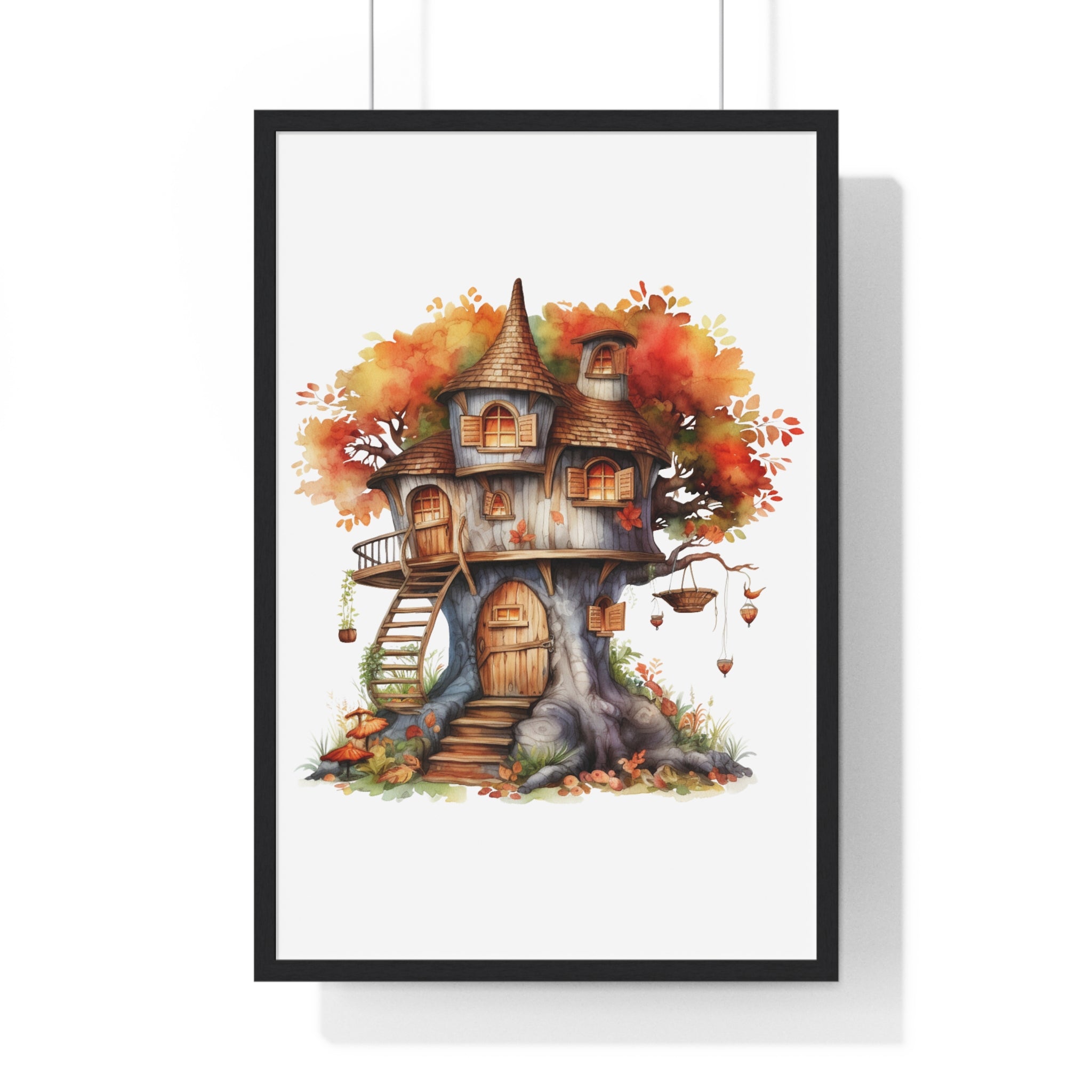 Whimsical Autumn Treehouse Wall Art – Fantasy Forest Cottage with Lanterns & Hanging Basket | Wooden Frame Seasonal Decor