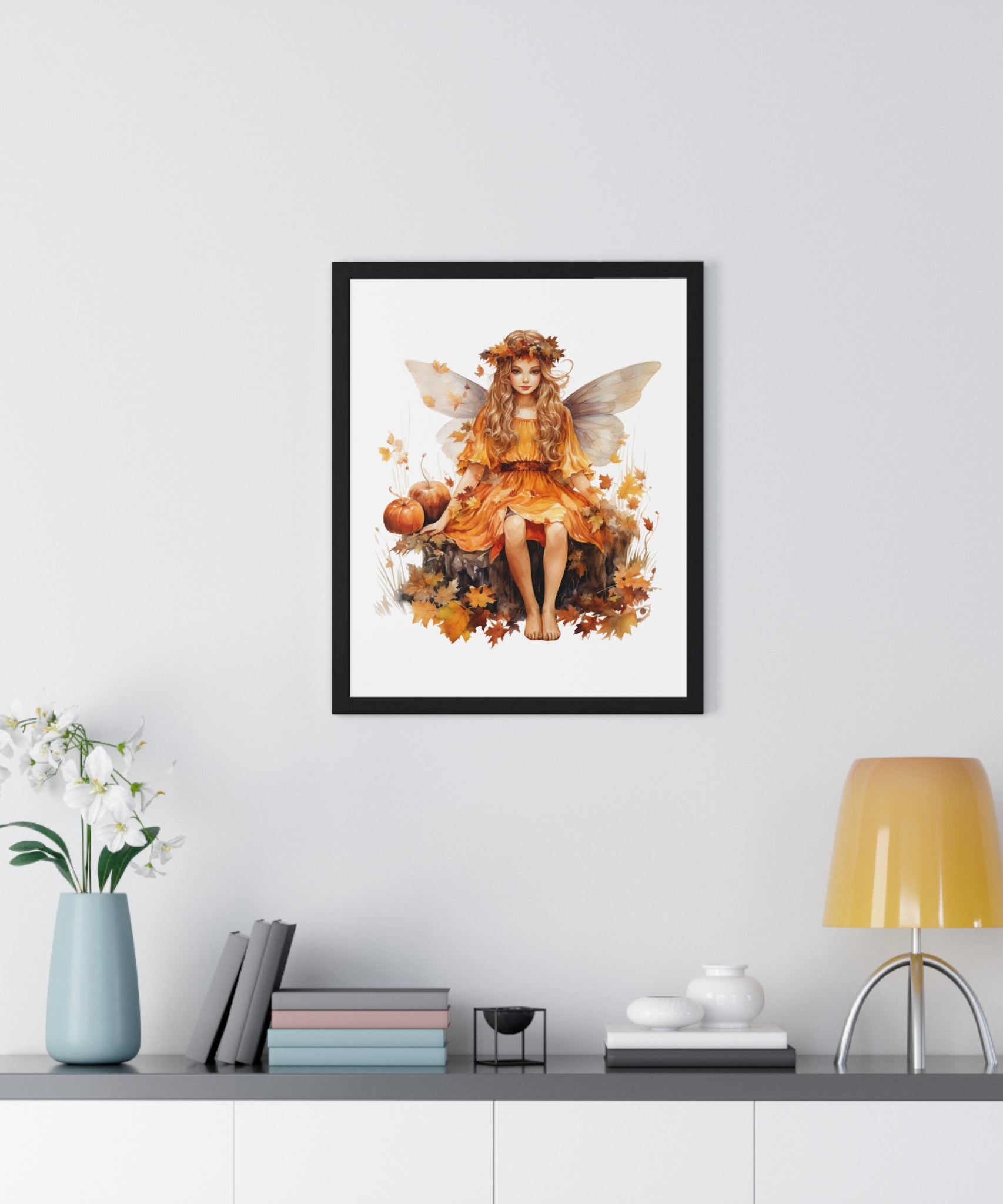 Fall Fairy Wall Art – Orange Dress Woodland Fairy with Pumpkins | Wooden Frame Poster for Autumn Home Decor