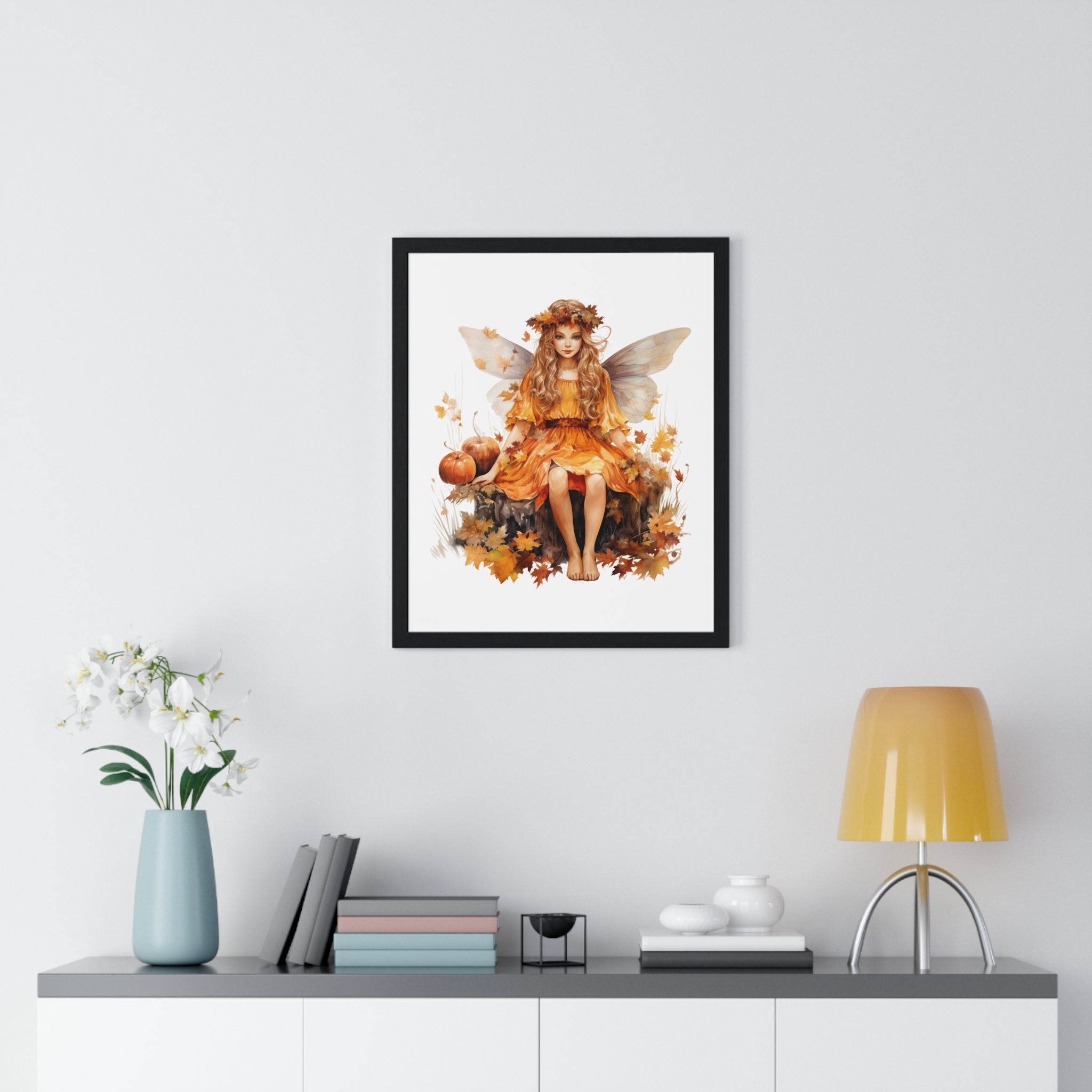 Fall Fairy Wall Art – Orange Dress Woodland Fairy with Pumpkins | Wooden Frame Poster for Autumn Home Decor