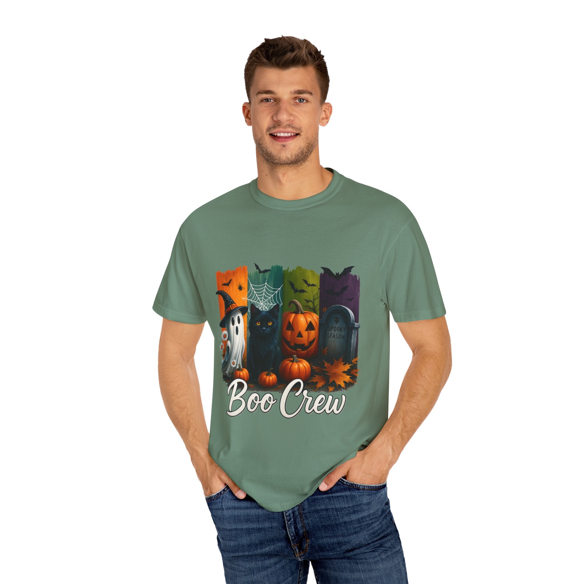 Boo Crew Halloween Unisex T-Shirt – Cute Ghost, Black Cat, Pumpkin & Tombstone Design