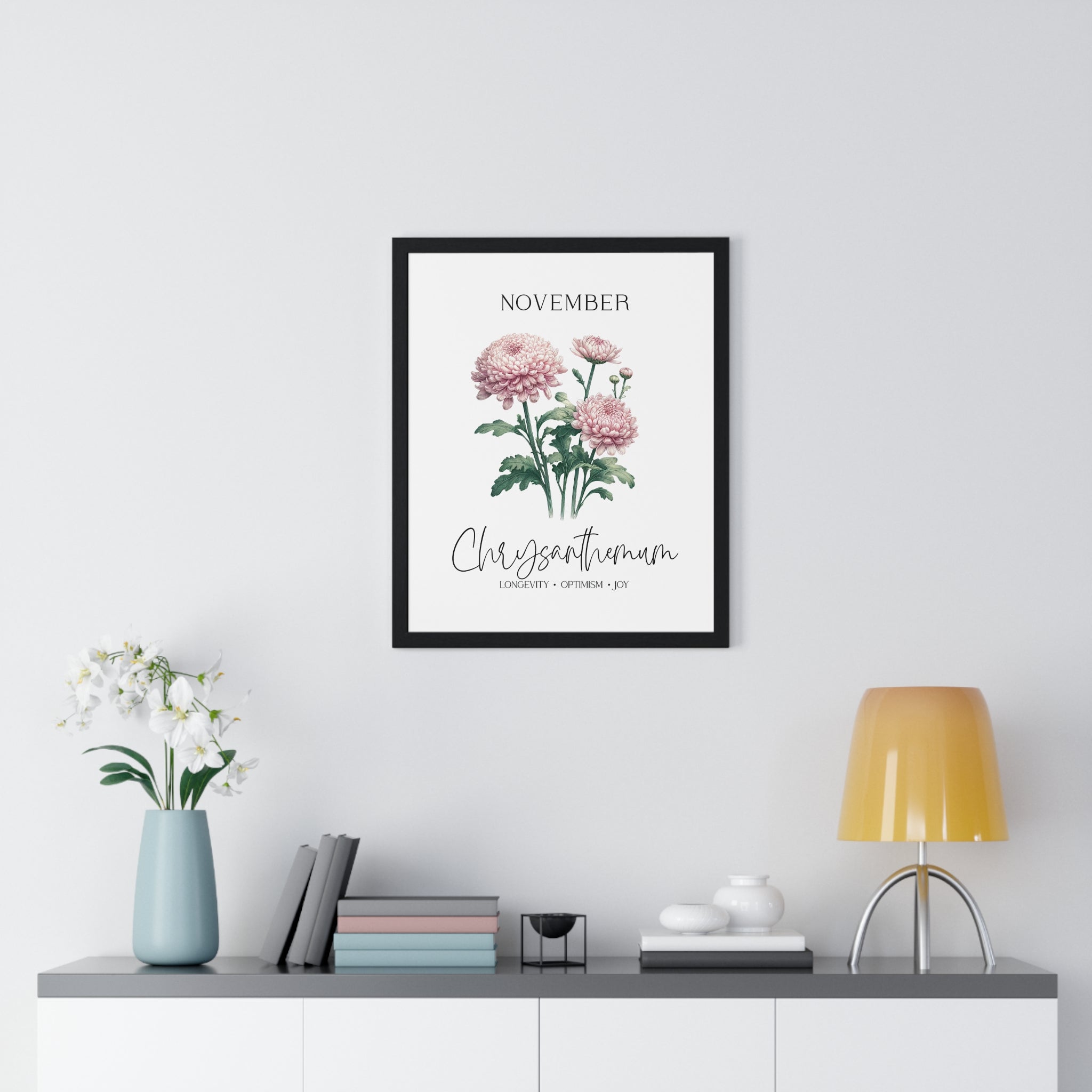 November Birth Month Flower Wall Art – Chrysanthemum Illustration in Wooden Frame | Longevity, Optimism & Joy