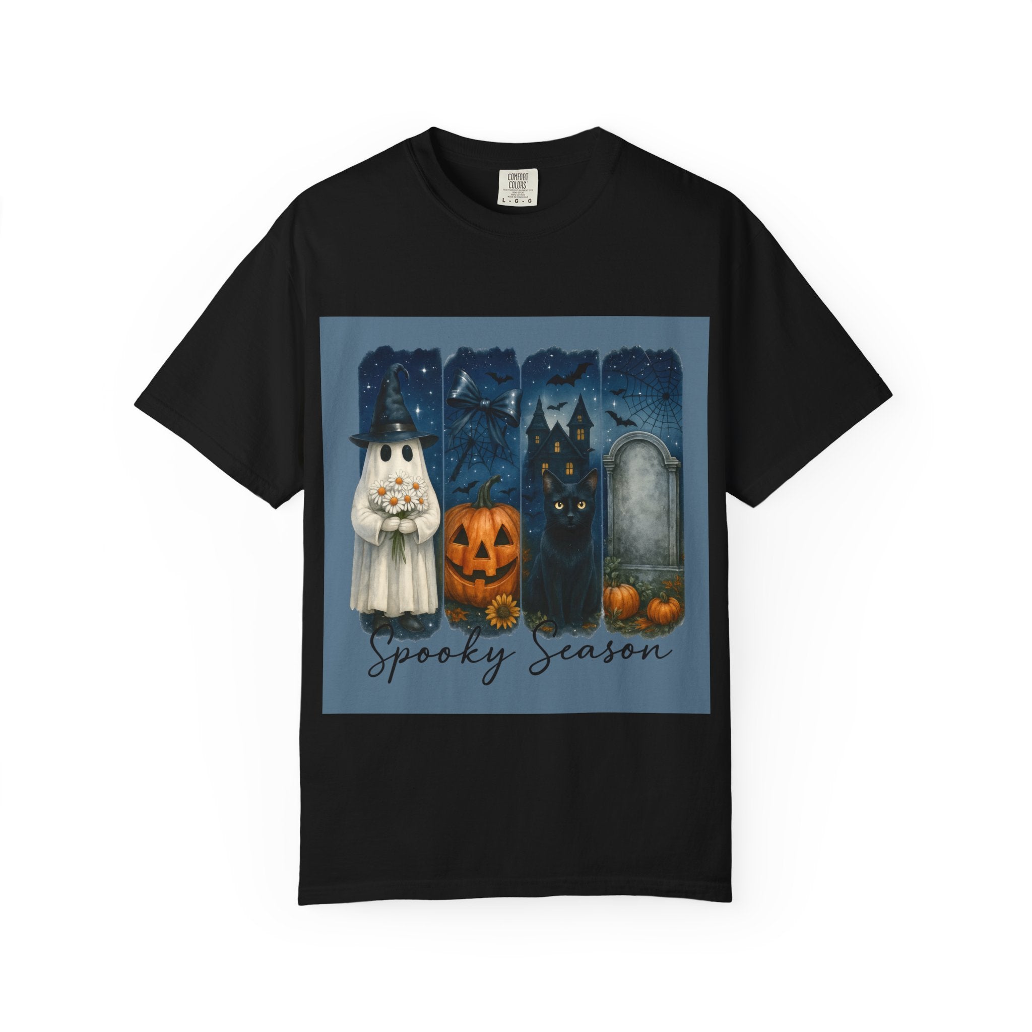 Spooky Season Halloween T-Shirt – Ghost, Black Cat, Pumpkin & Haunted House Design