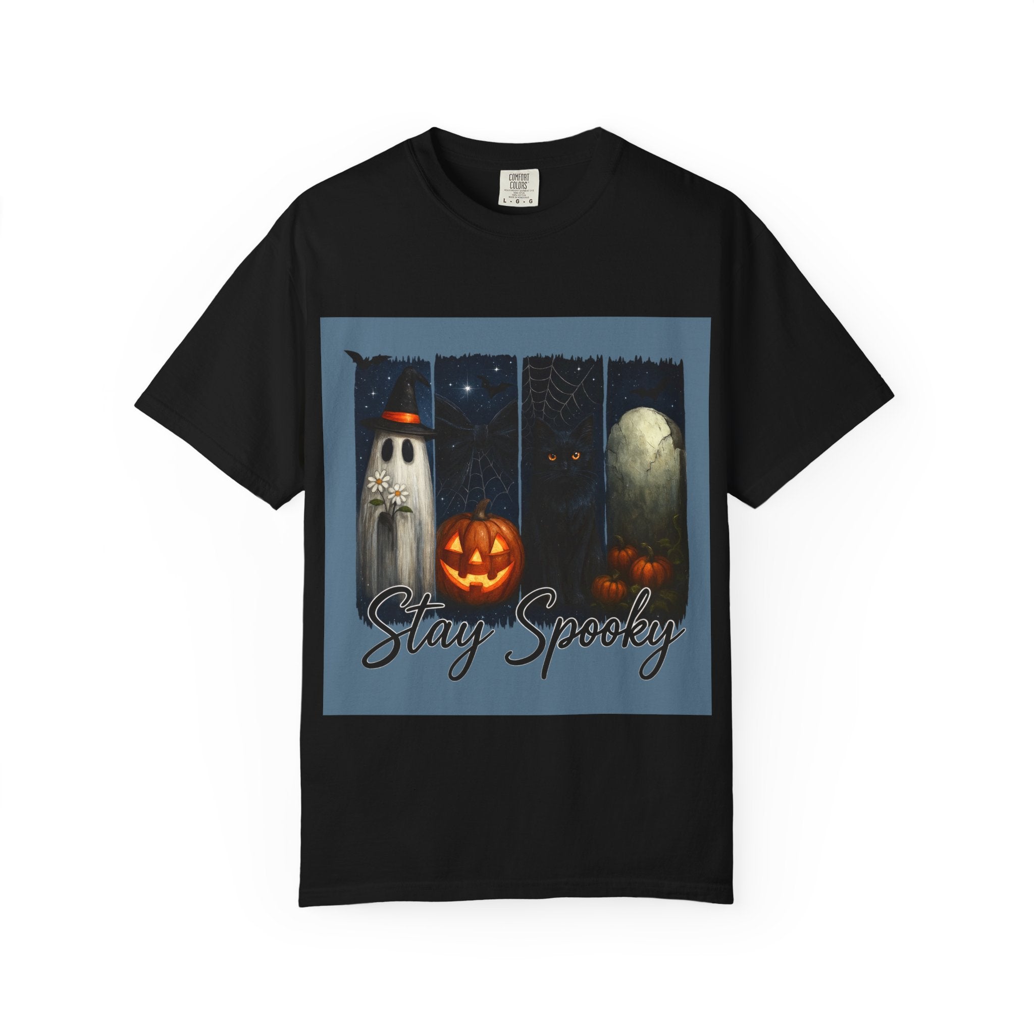 Stay Spooky Halloween T-Shirt – Cute Ghost, Black Cat, Pumpkin & Graveyard Design