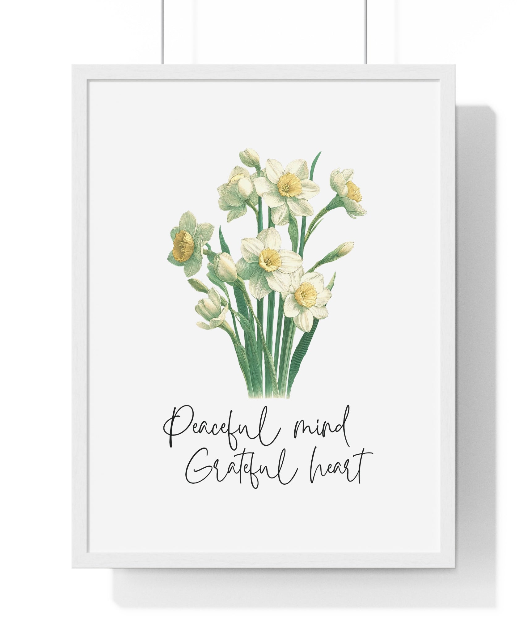 December Birth Month Flower Wall Art – Narcissus Illustration with Inspirational Quote in Wooden Frame | Peaceful Mind & Grateful Heart