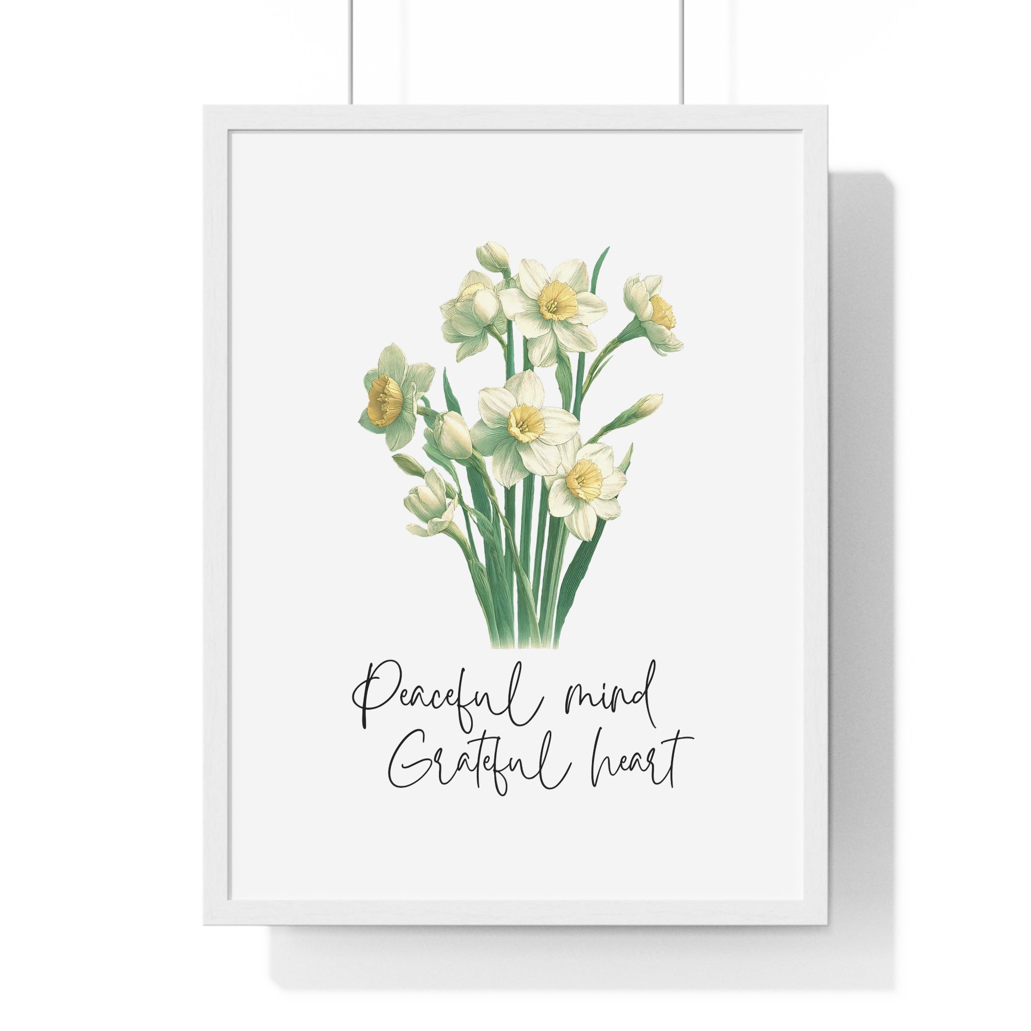 December Birth Month Flower Wall Art – Narcissus Illustration with Inspirational Quote in Wooden Frame | Peaceful Mind & Grateful Heart
