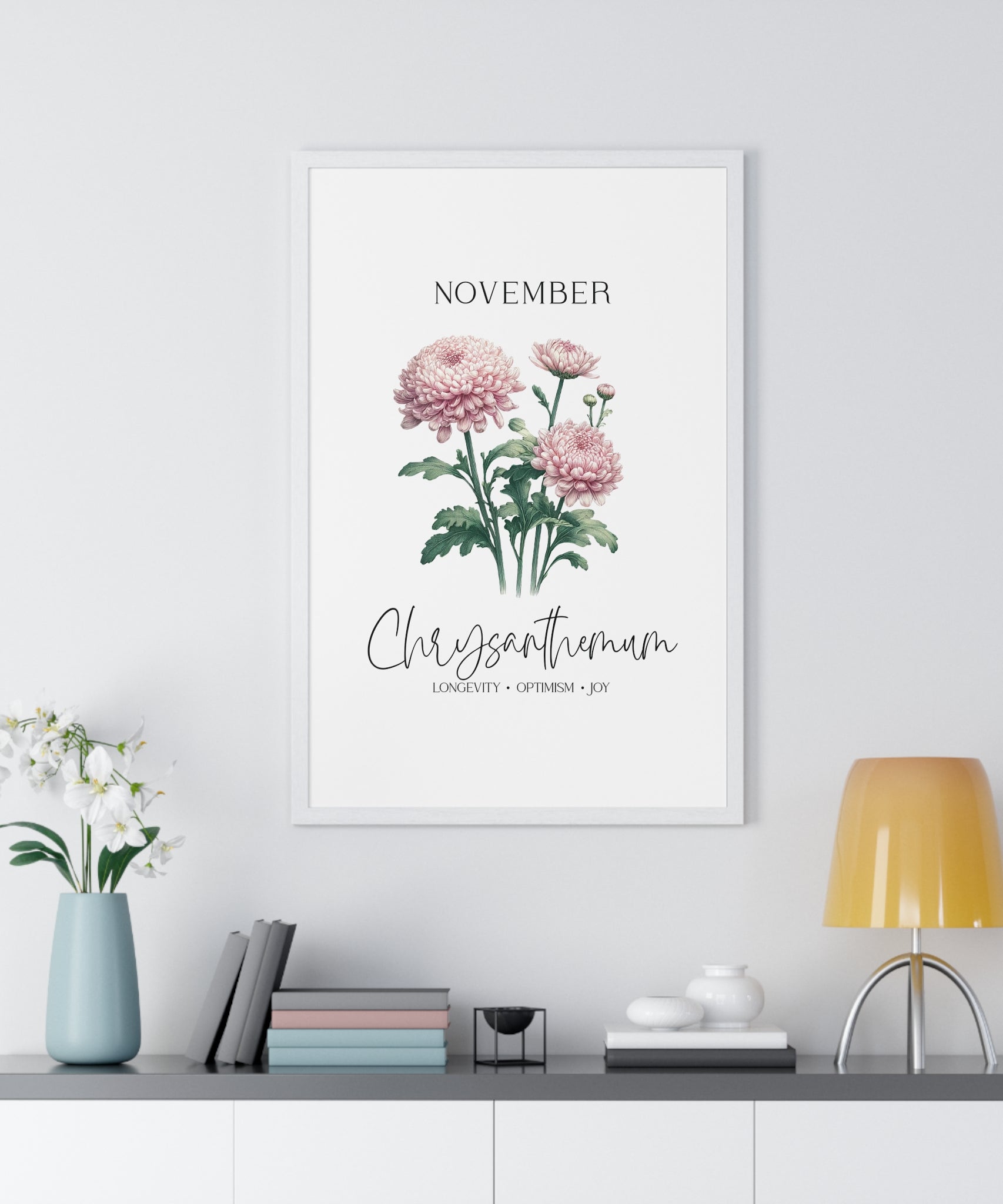 November Birth Month Flower Wall Art – Chrysanthemum Illustration in Wooden Frame | Longevity, Optimism & Joy