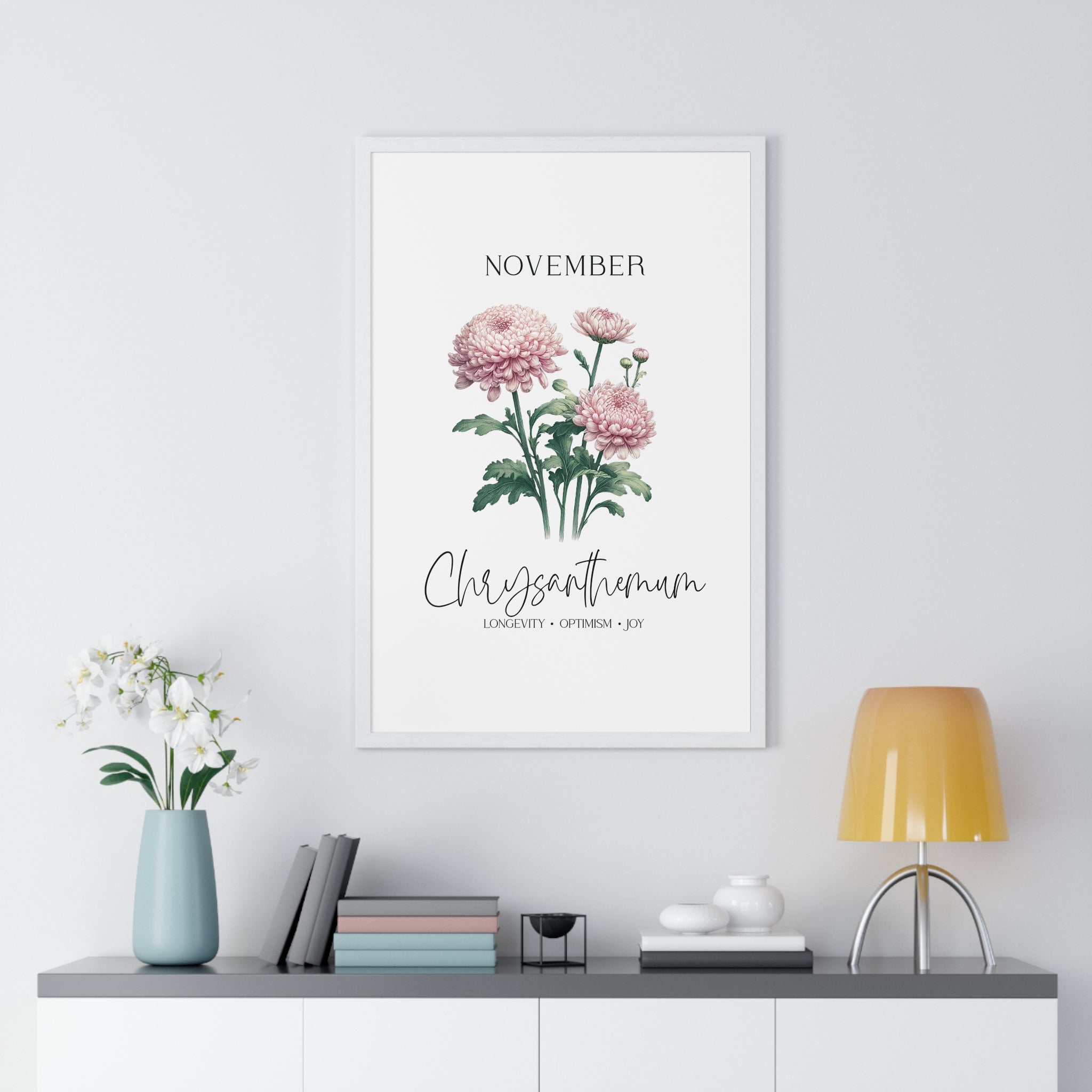 November Birth Month Flower Wall Art – Chrysanthemum Illustration in Wooden Frame | Longevity, Optimism & Joy