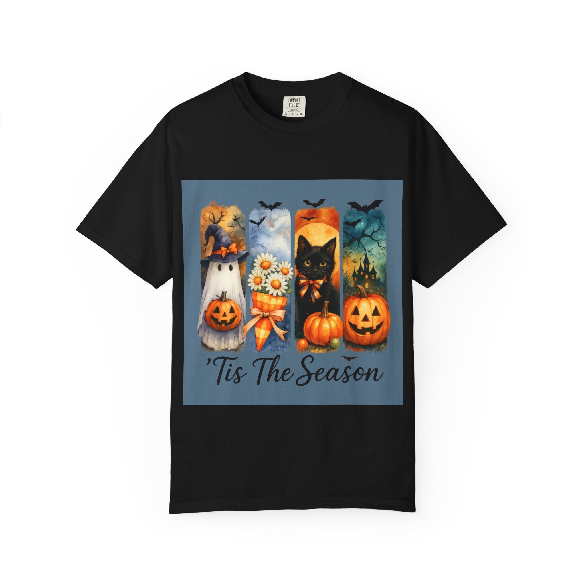 Whimsical Halloween T-Shirt – Ghost, Black Cat, Pumpkins & Haunted House Design