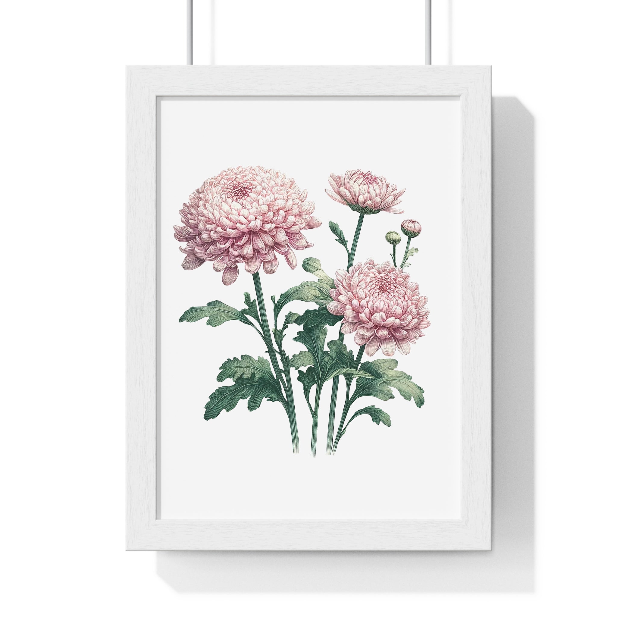 November Birth Month Flower Wall Art – Pink Chrysanthemum Illustration in Wooden Frame | Loyalty, Love & Joy