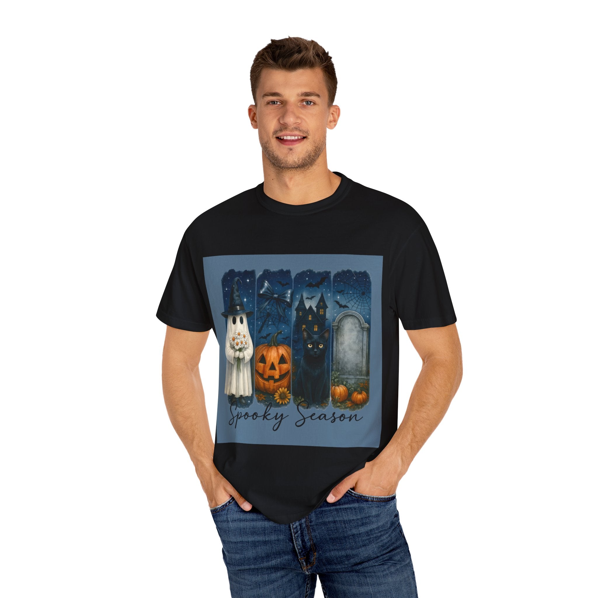 Spooky Season Halloween T-Shirt – Ghost, Black Cat, Pumpkin & Haunted House Design