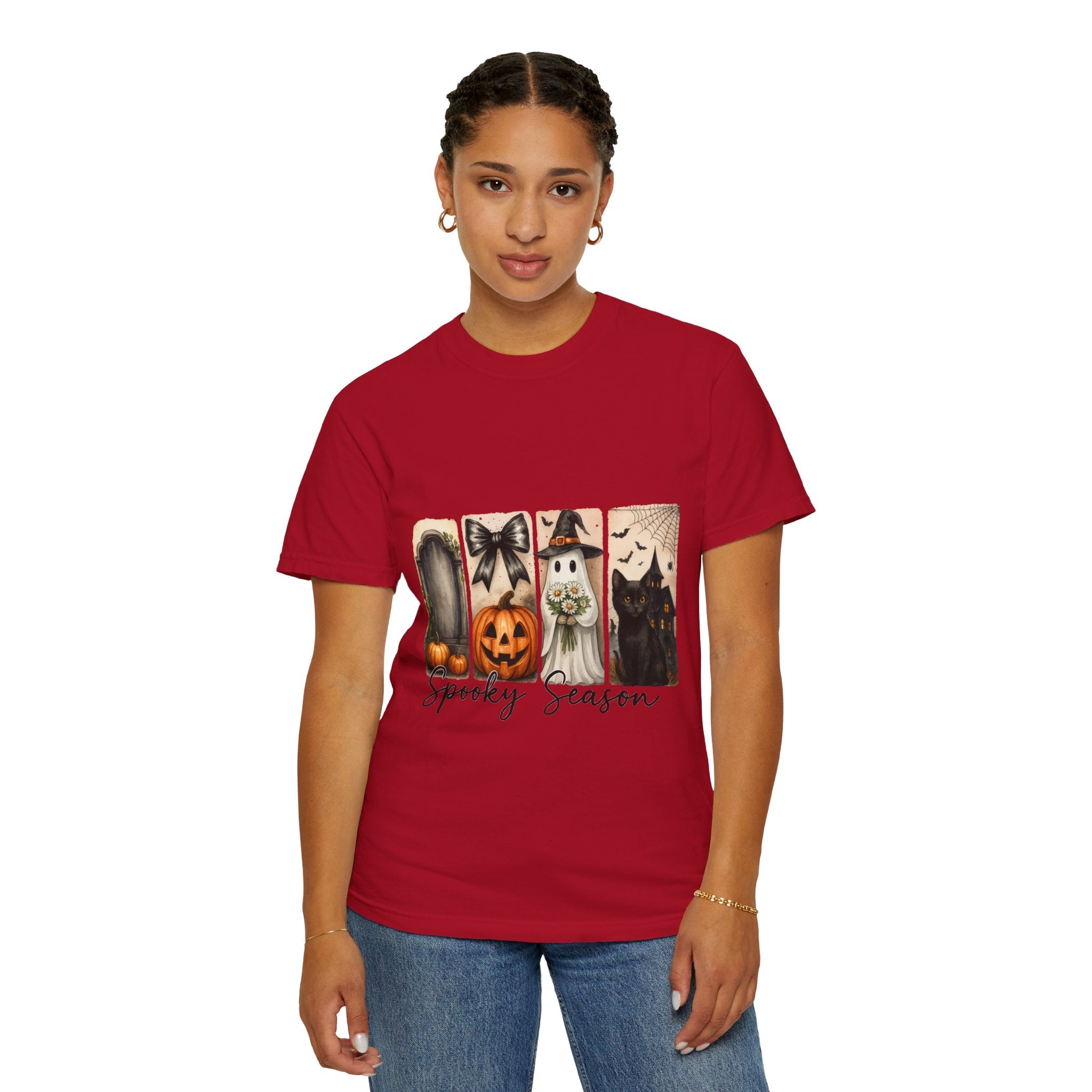 Spooky Season Unisex Halloween T-Shirt – Ghost, Black Cat, Pumpkin & Haunted House Art - Gallory Hive