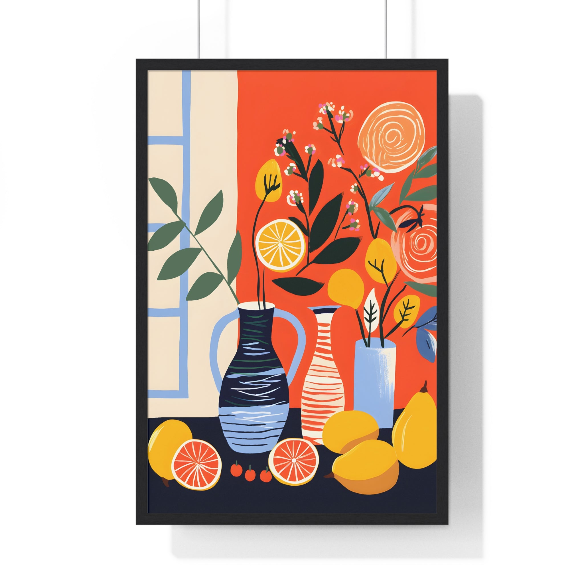 Modern Still Life Art – Premium Wooden Framed Poster with Fruits, Vases & Florals