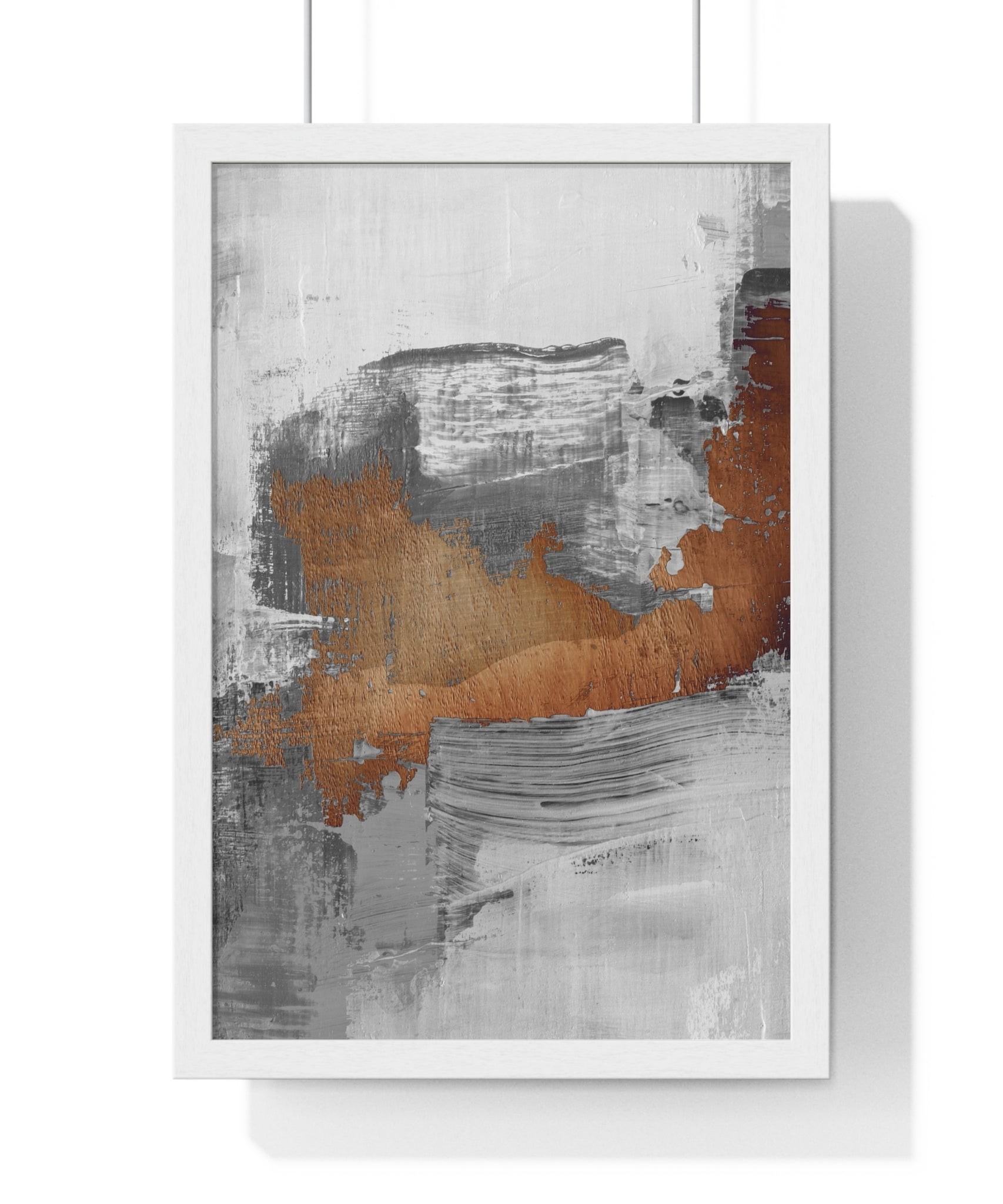 Textured Abstract Wall Art – Grey, Copper & White Modern Brushstroke Poster on Wooden Frame