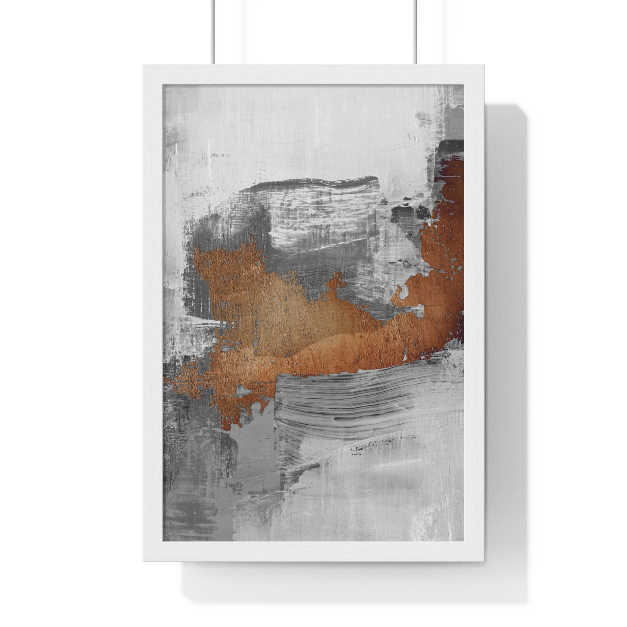 Textured Abstract Wall Art – Grey, Copper & White Modern Brushstroke Poster on Wooden Frame