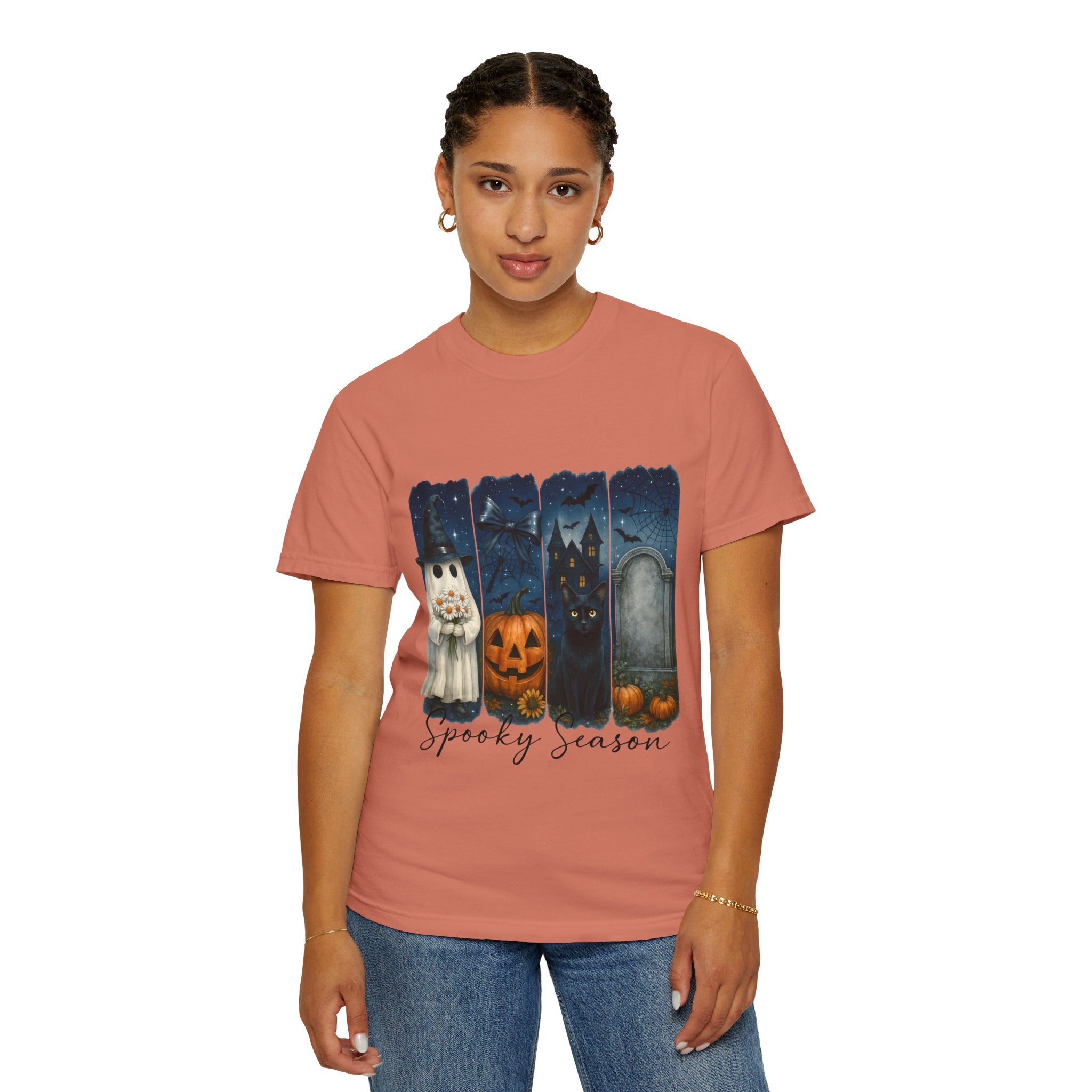 Spooky Season Halloween T-Shirt – Ghost, Black Cat, Pumpkin & Haunted House Design