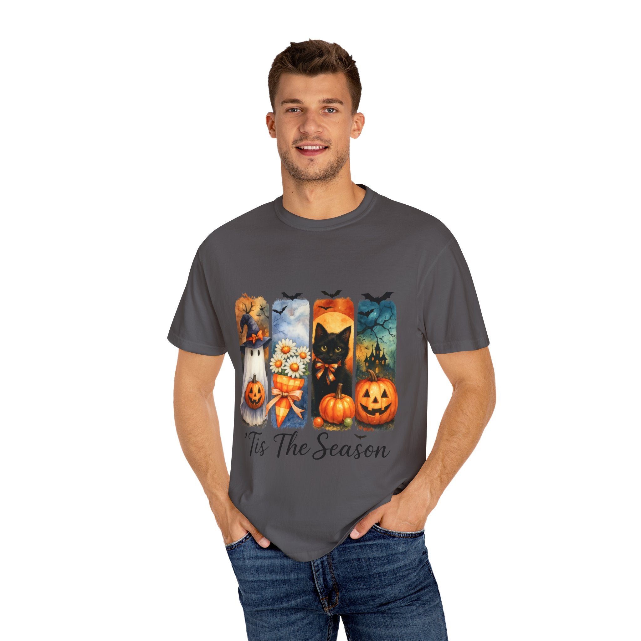 Whimsical Halloween T-Shirt – Ghost, Black Cat, Pumpkins & Haunted House Design