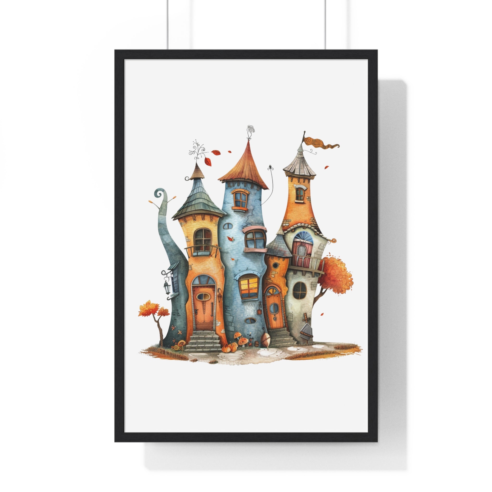 Whimsical Autumn Townhouses – Wooden Framed Wall Art
