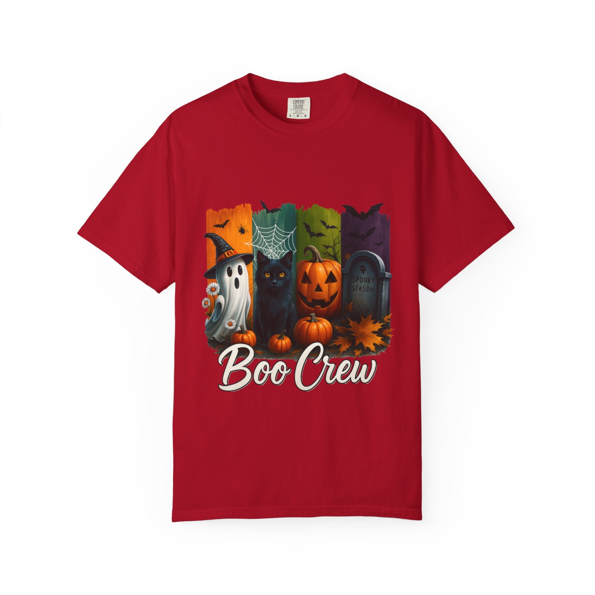 Boo Crew Halloween Unisex T-Shirt – Cute Ghost, Black Cat, Pumpkin & Tombstone Design