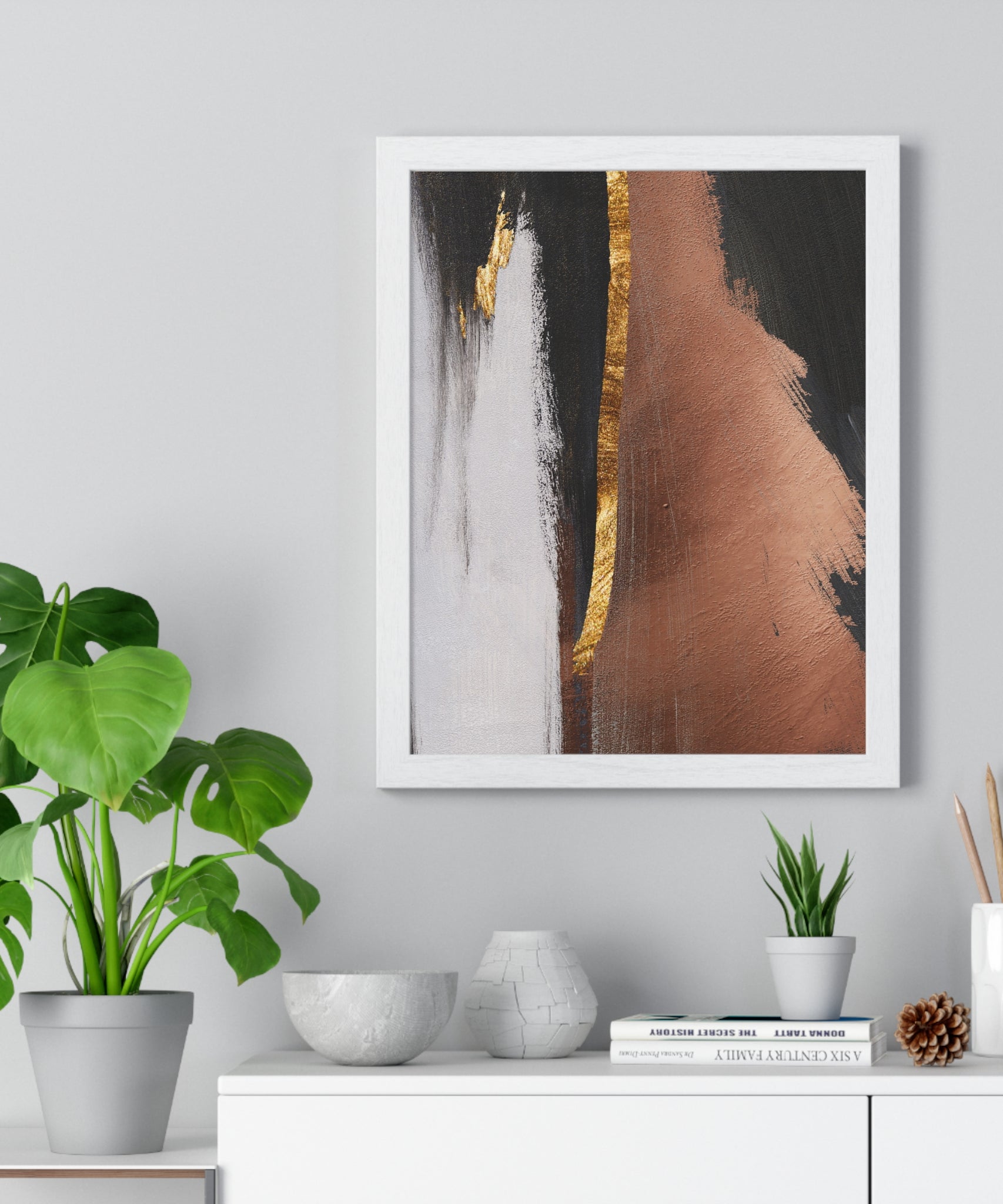 Modern Abstract Wall Art – Bold Black, Copper & Gold Textured Poster on Wooden Frame – Luxury Canvas Print for Home or Office