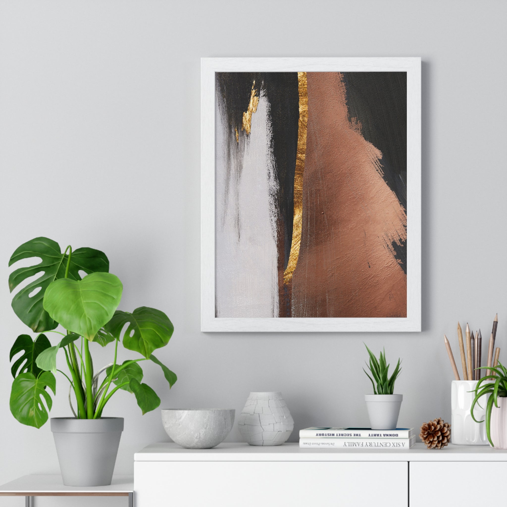 Modern Abstract Wall Art – Bold Black, Copper & Gold Textured Poster on Wooden Frame – Luxury Canvas Print for Home or Office