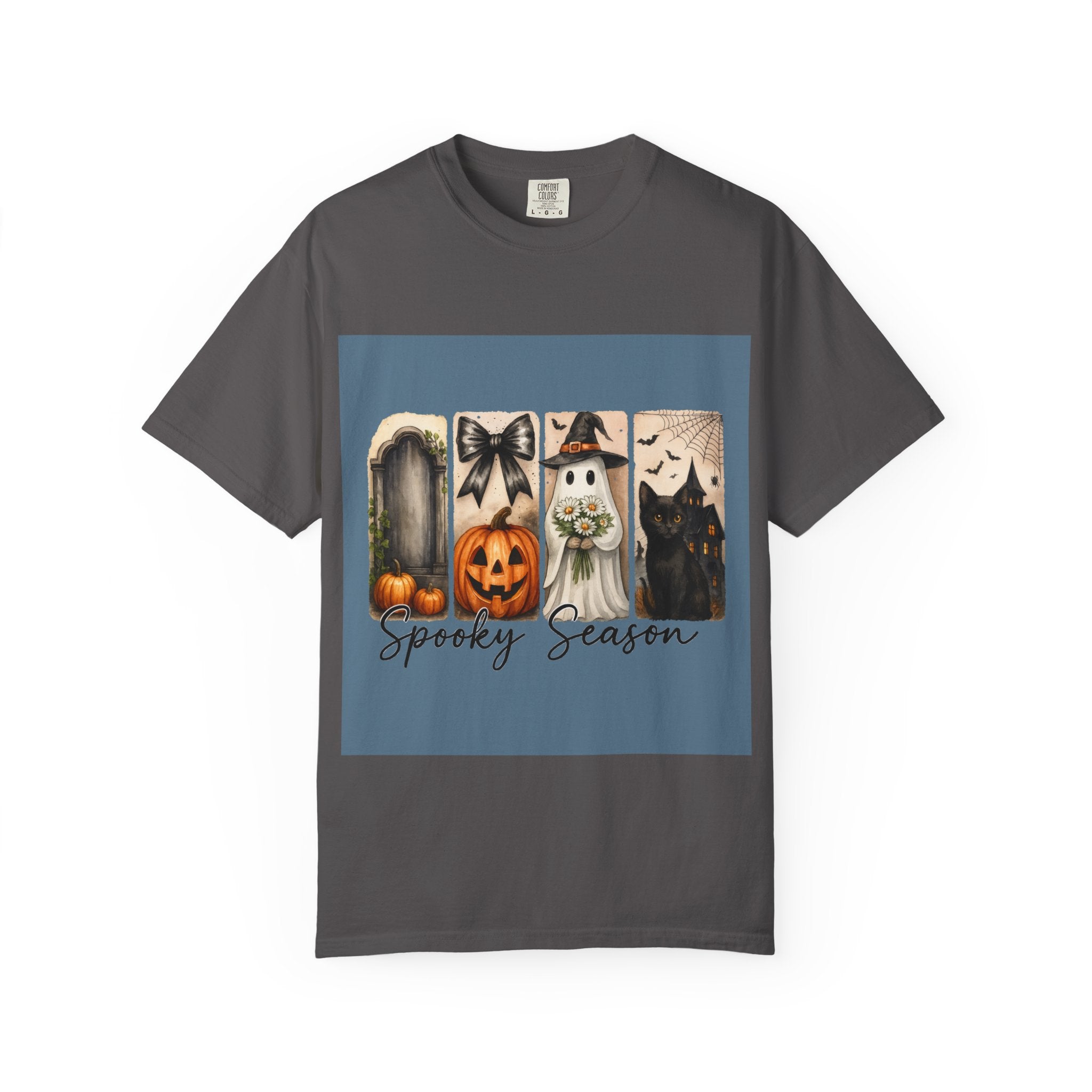 Spooky Season Unisex Halloween T-Shirt – Ghost, Black Cat, Pumpkin & Haunted House Art