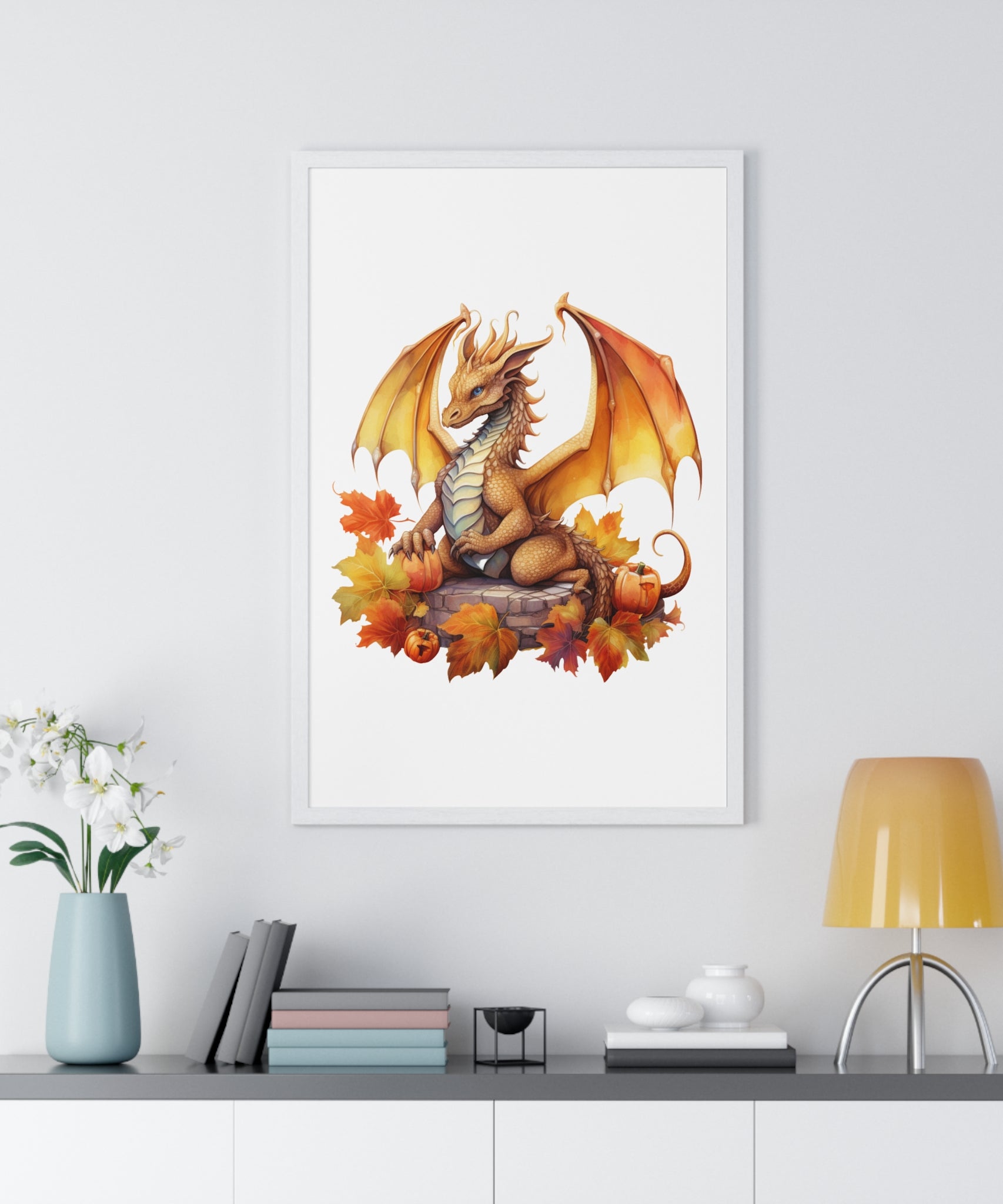 Autumn Dragon Wall Art – Fantasy Fall Decor with Pumpkins