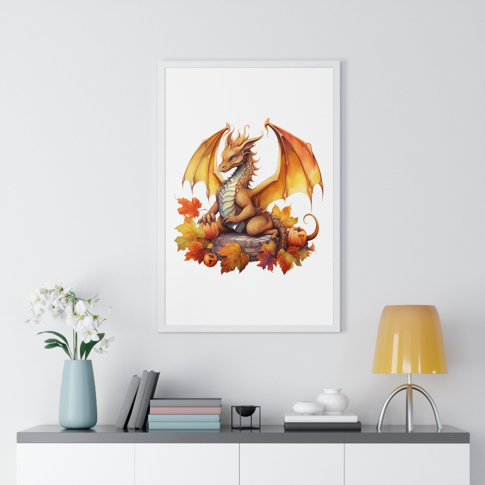 Autumn Dragon Wall Art – Fantasy Fall Decor with Pumpkins