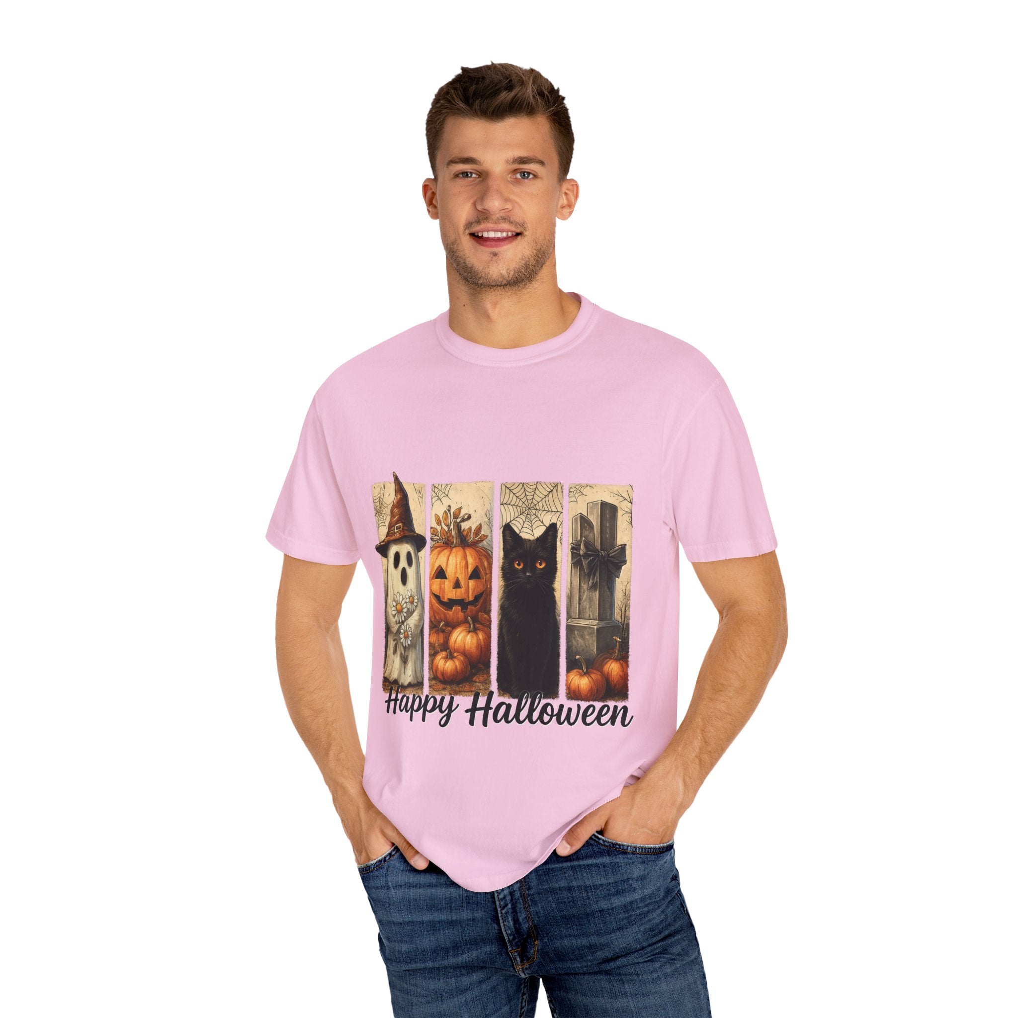Happy Halloween Unisex T-Shirt – Ghost, Black Cat & Pumpkin Graphic Tee