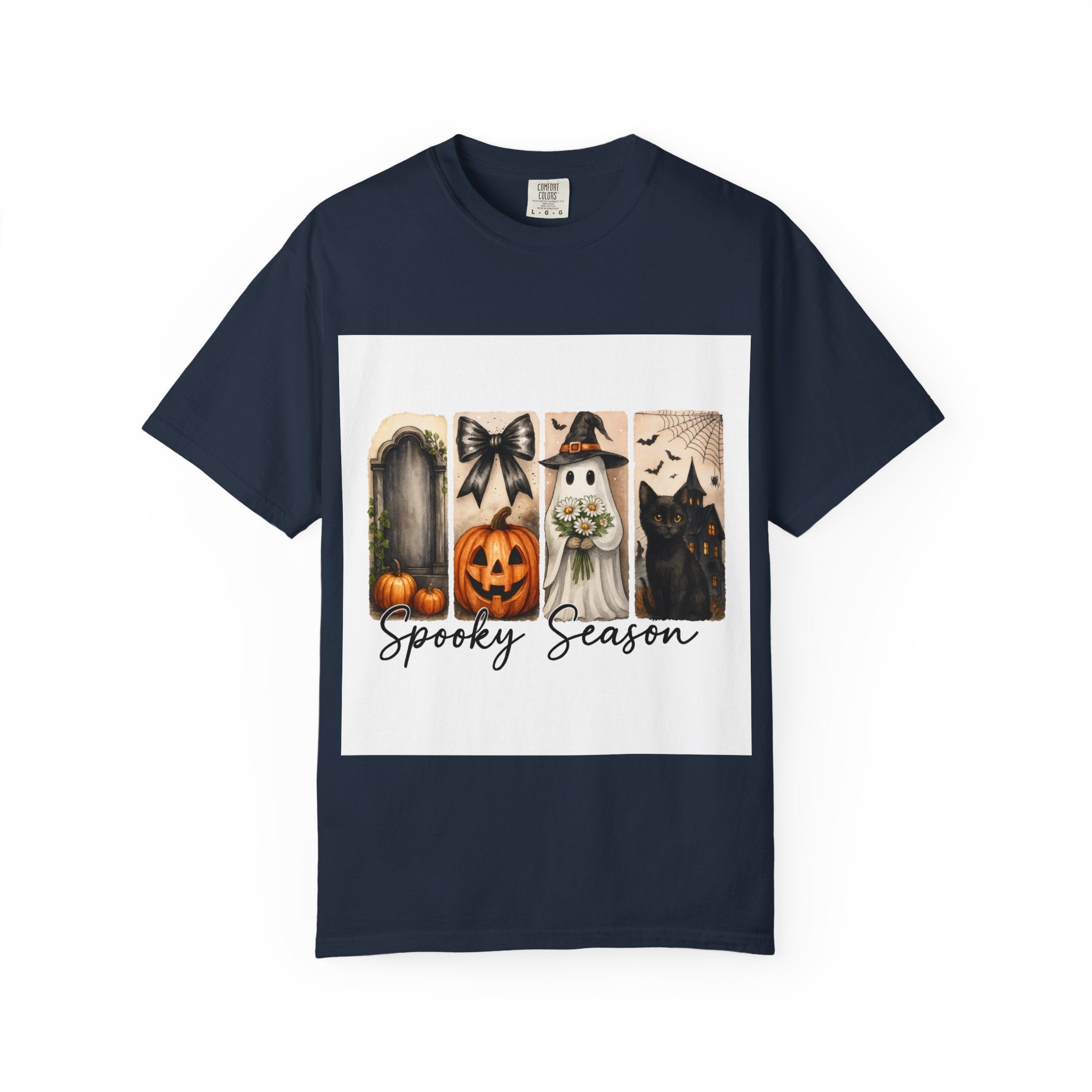 Spooky Season Unisex Halloween T-Shirt – Ghost, Black Cat, Pumpkin & Haunted House Art