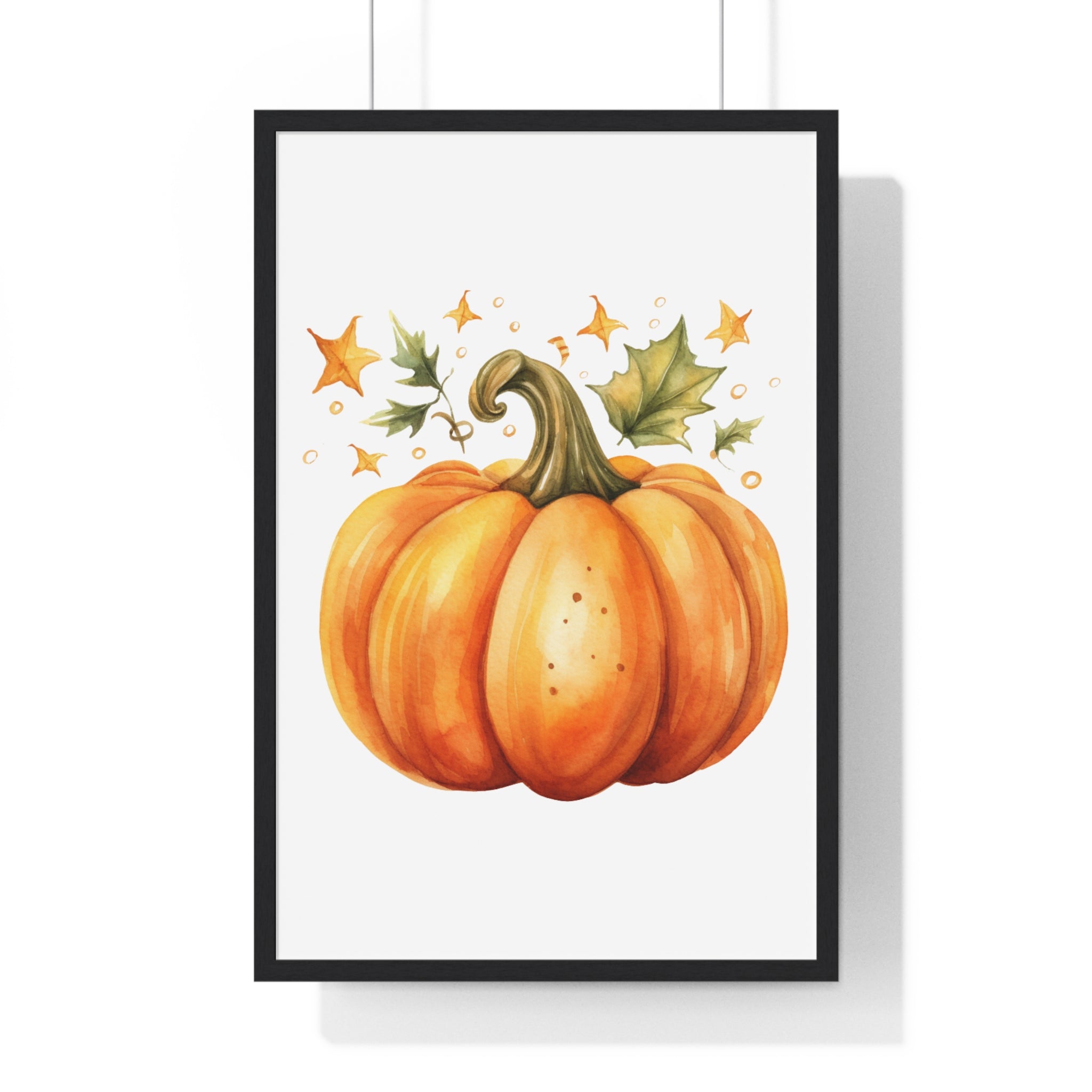 Watercolor Pumpkin Wall Art – Whimsical Fall Harvest Poster with Leaves & Stars | Wooden Frame Seasonal Decor