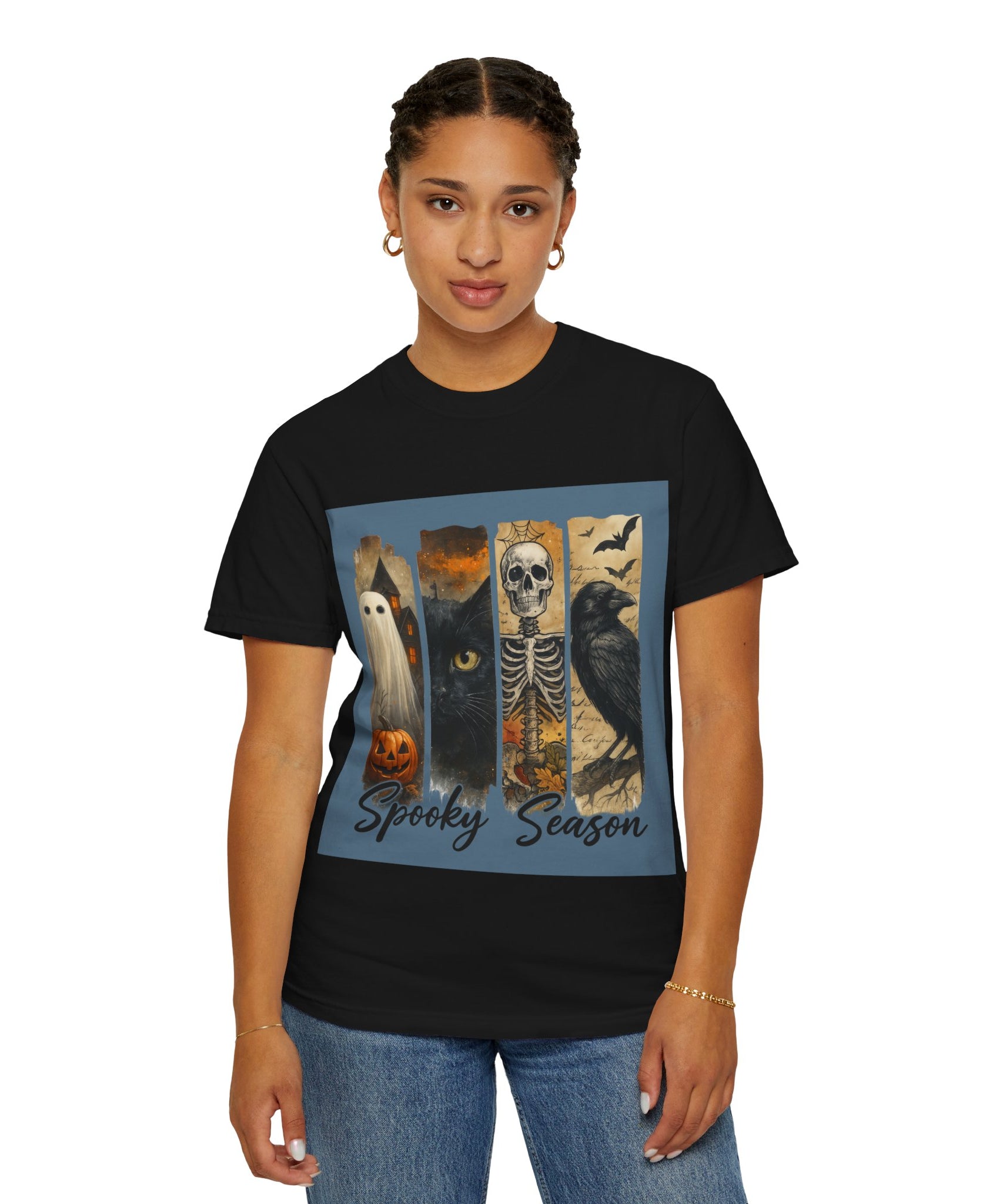 Spooky Season Gothic Halloween T-Shirt – Ghost, Black Cat, Skeleton & Raven Design - Gallory Hive