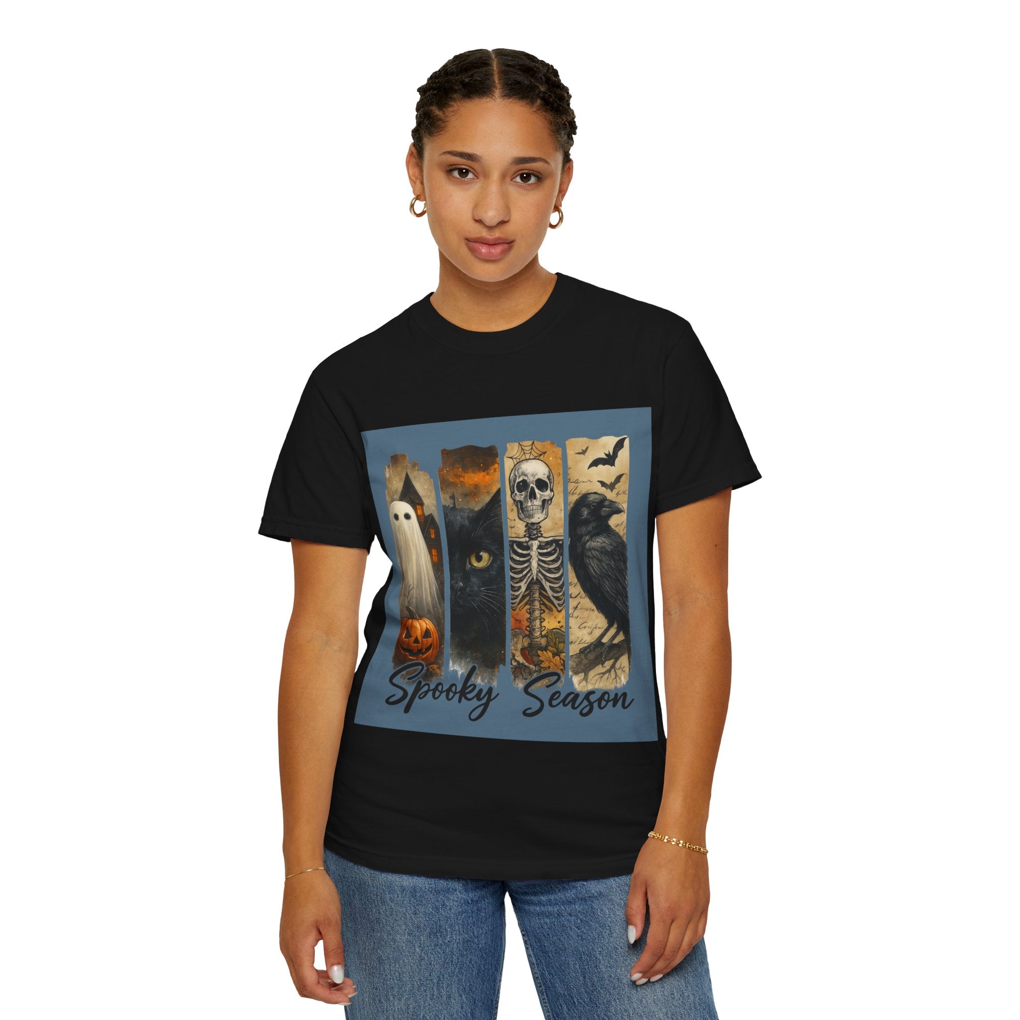Spooky Season Gothic Halloween T-Shirt – Ghost, Black Cat, Skeleton & Raven Design