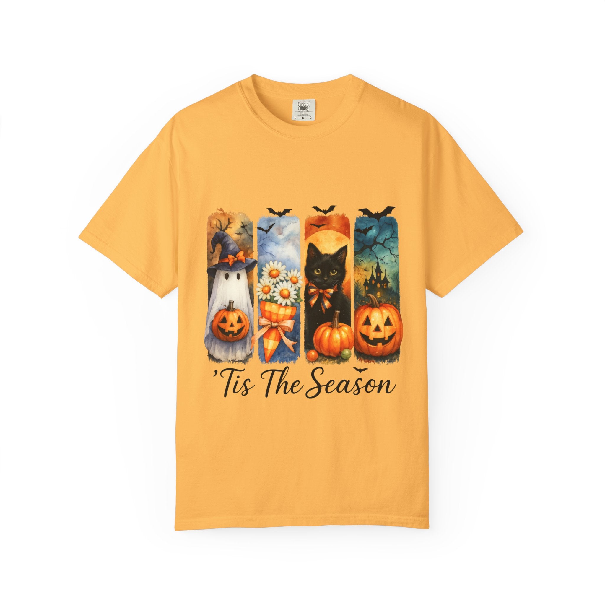 Whimsical Halloween T-Shirt – Ghost, Black Cat, Pumpkins & Haunted House Design