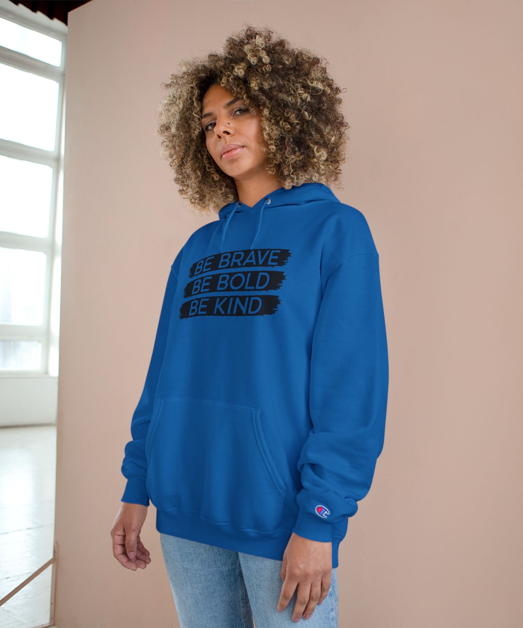 Champion Hoodie - Bold, Brave, Kind Minimalist Hand Sign Print