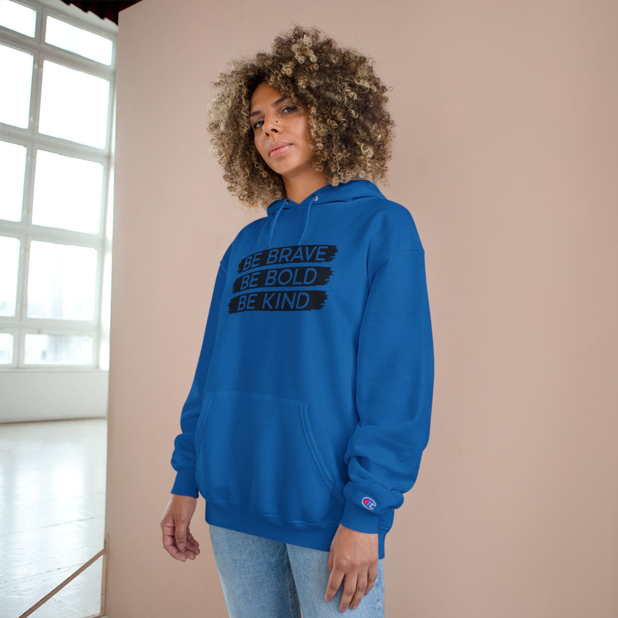 Champion Hoodie - Bold, Brave, Kind Minimalist Hand Sign Print