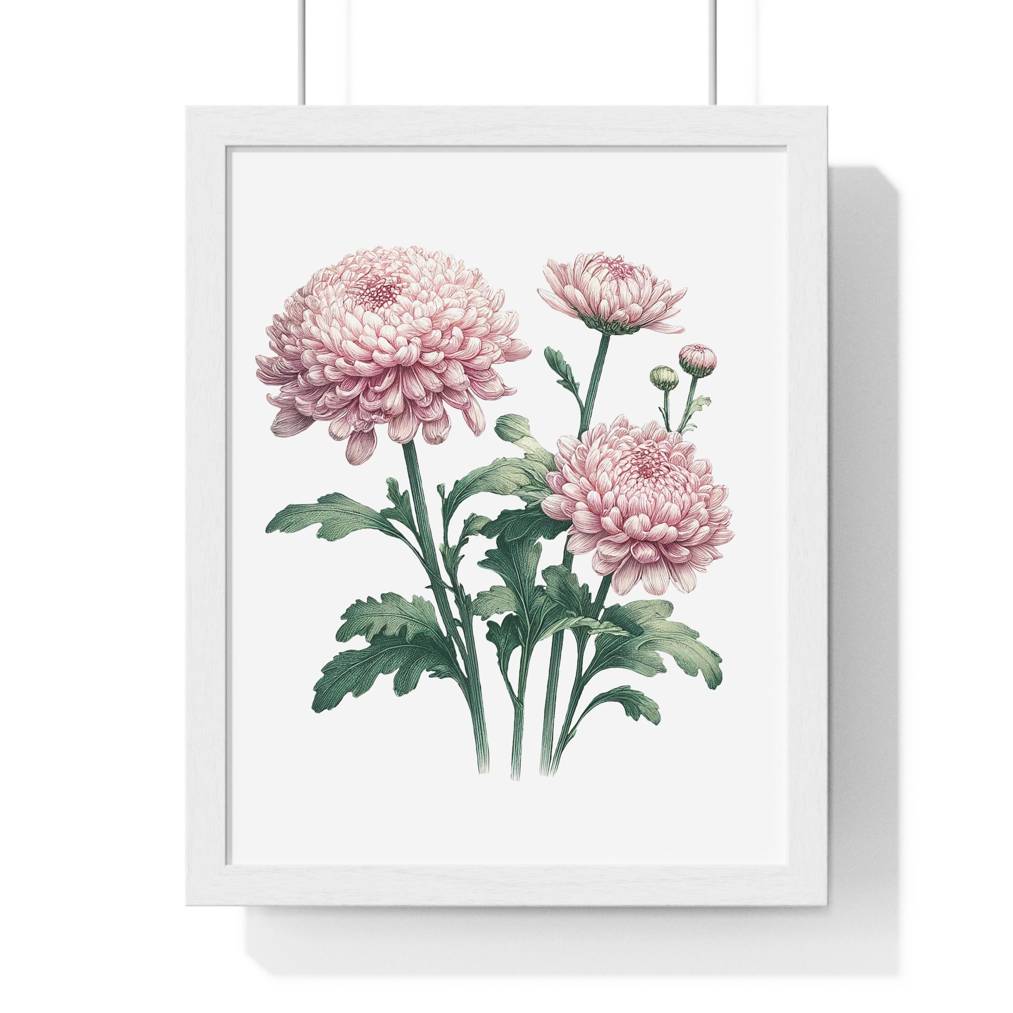 November Birth Month Flower Wall Art – Pink Chrysanthemum Illustration in Wooden Frame | Loyalty, Love & Joy
