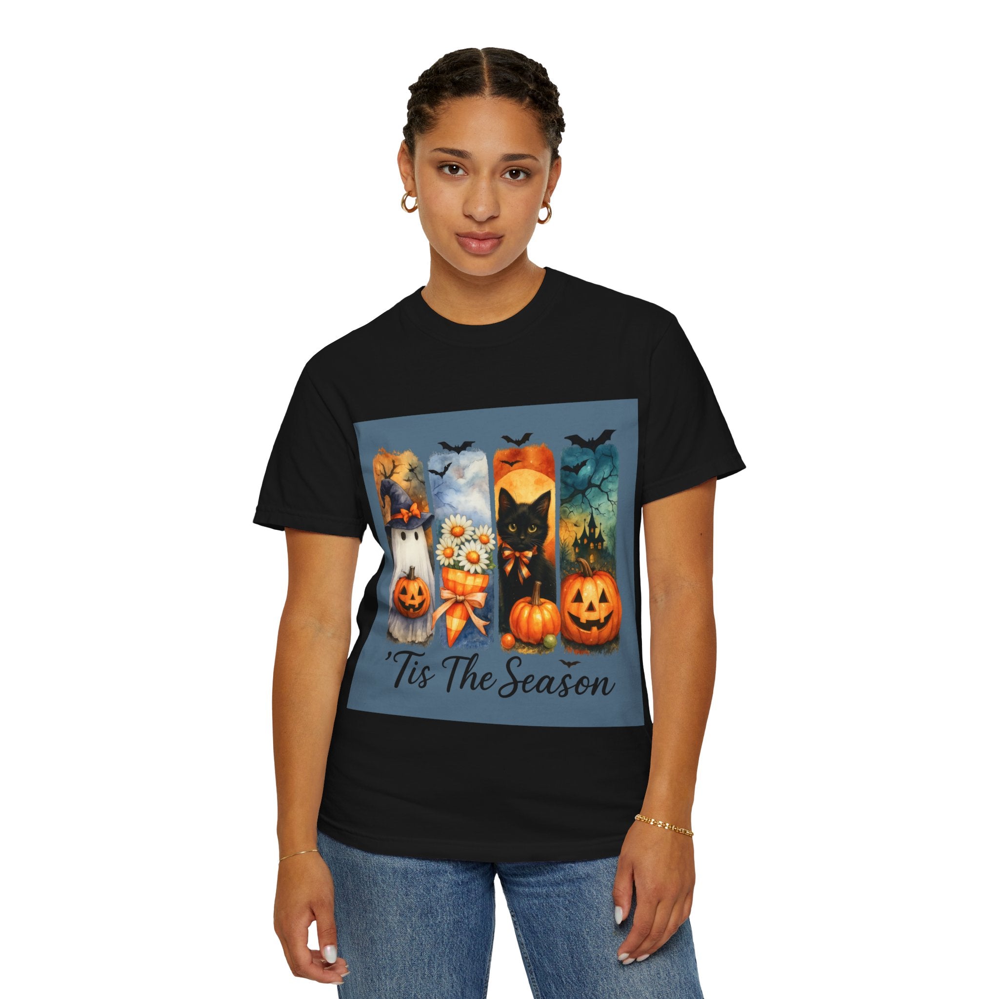 Whimsical Halloween T-Shirt – Ghost, Black Cat, Pumpkins & Haunted House Design