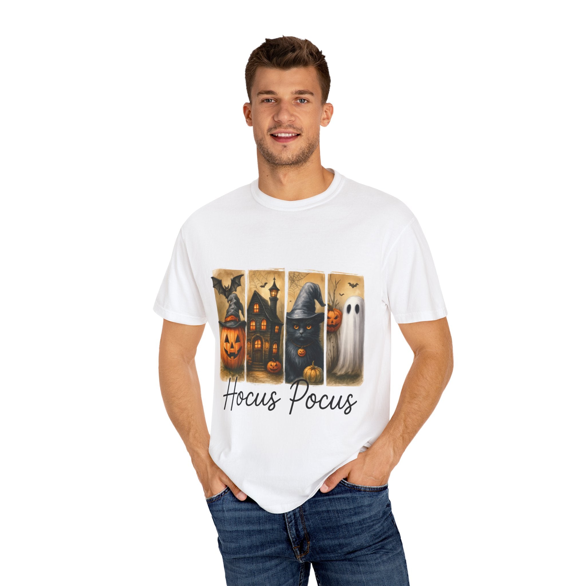 Hocus Pocus Halloween Unisex T-Shirt – Witchy Cat, Haunted House, Pumpkin & Ghost Art