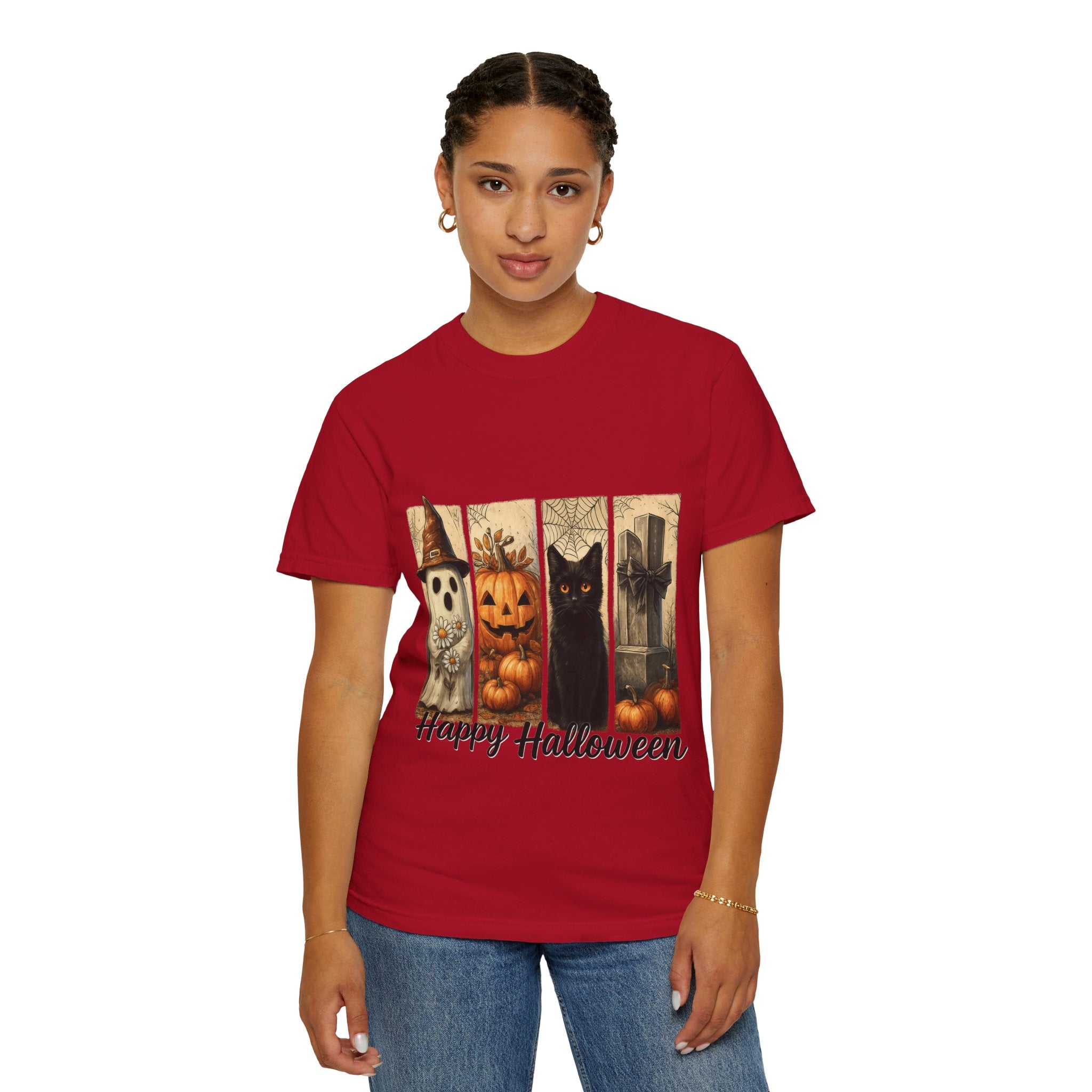 Happy Halloween Unisex T-Shirt – Ghost, Black Cat & Pumpkin Graphic Tee