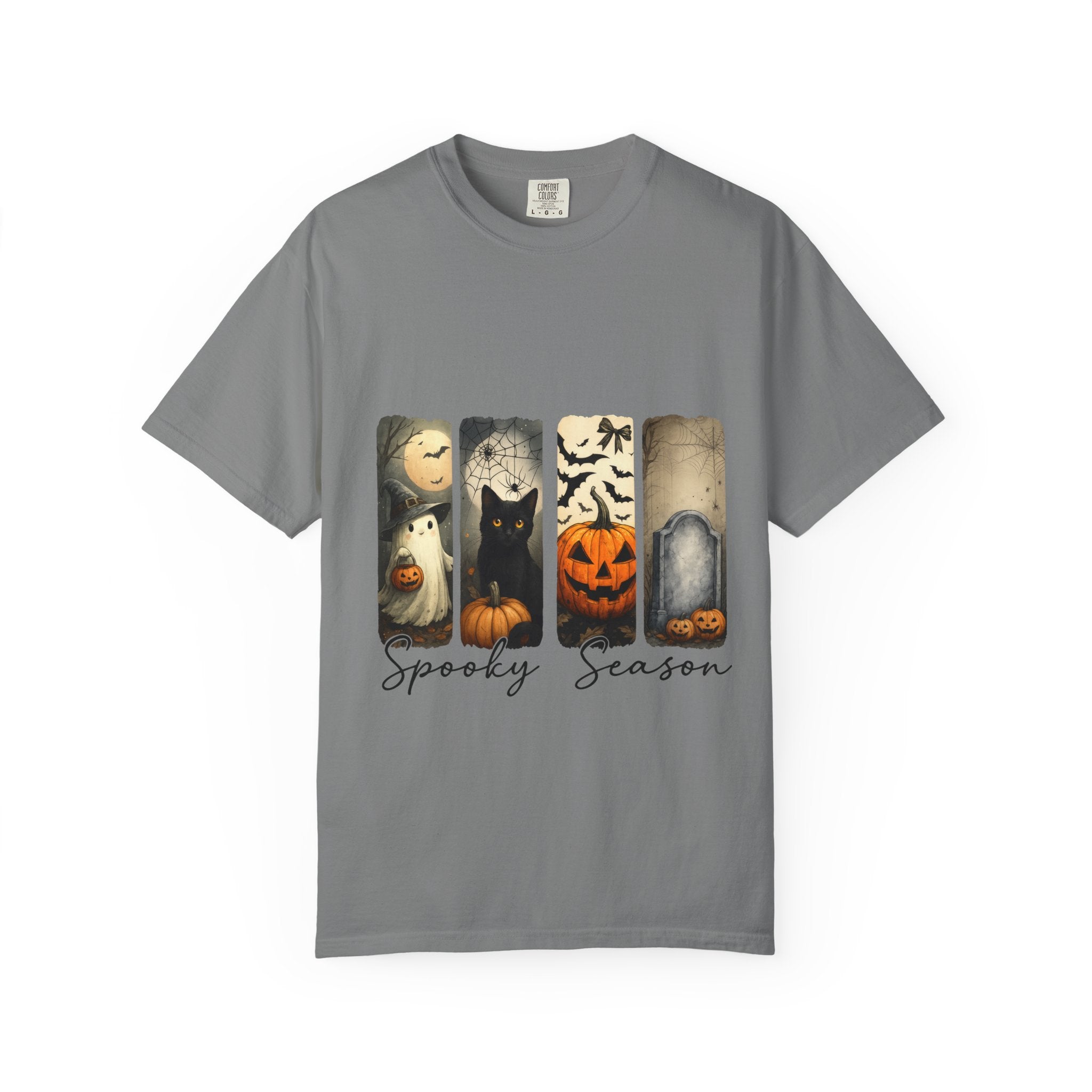 Halloween Night Unisex T-Shirt – Ghost, Black Cat, Pumpkin & Tombstone Vintage Art