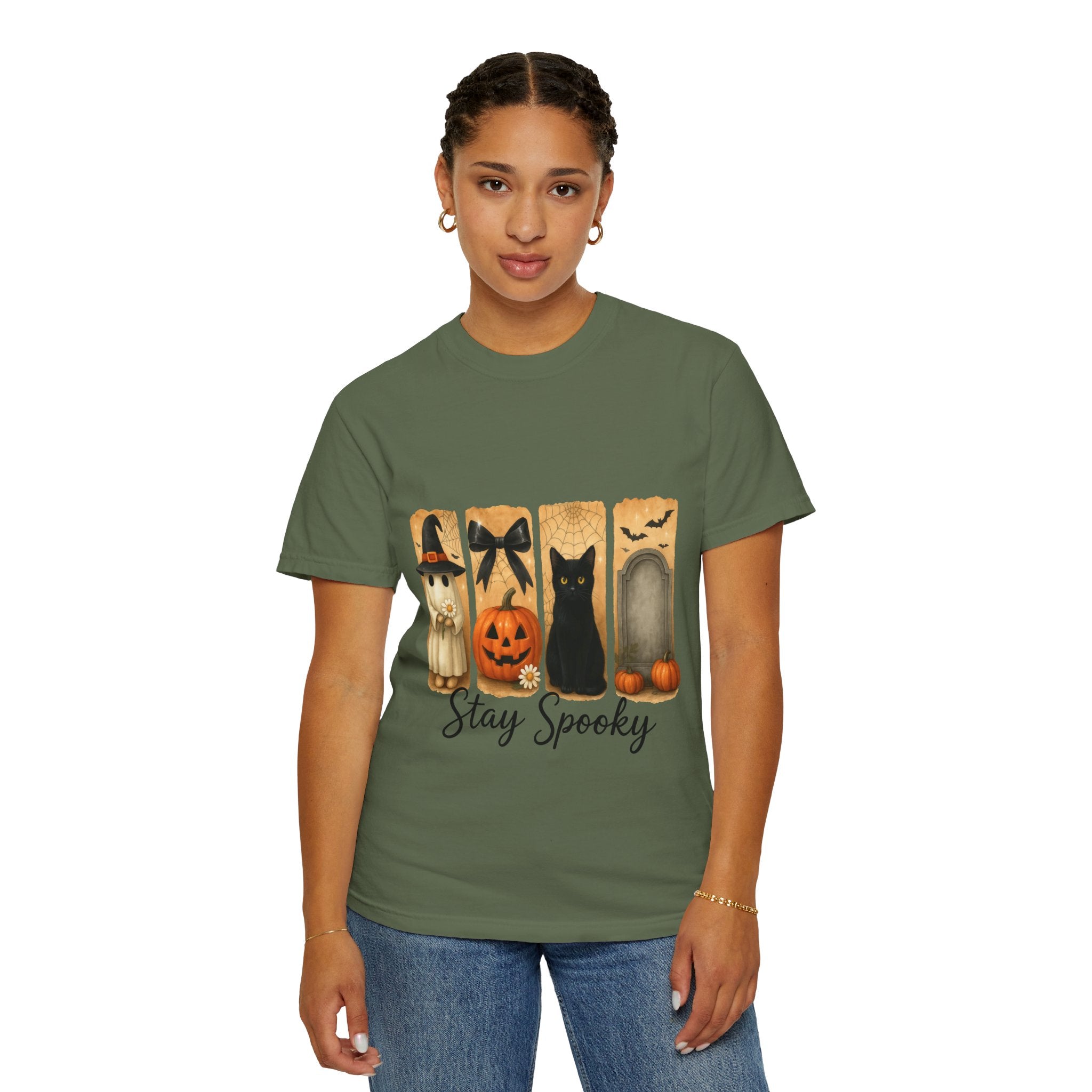 Cute Halloween T-Shirt – Ghost in Witch Hat, Pumpkin, Black Cat & Tombstone Design